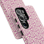 Lily Rose Samsung Galaxy S25 Ultra Glossy case — side angled view showing camera cutout and buttons — graphic white lily on soft rose by Kate Spain