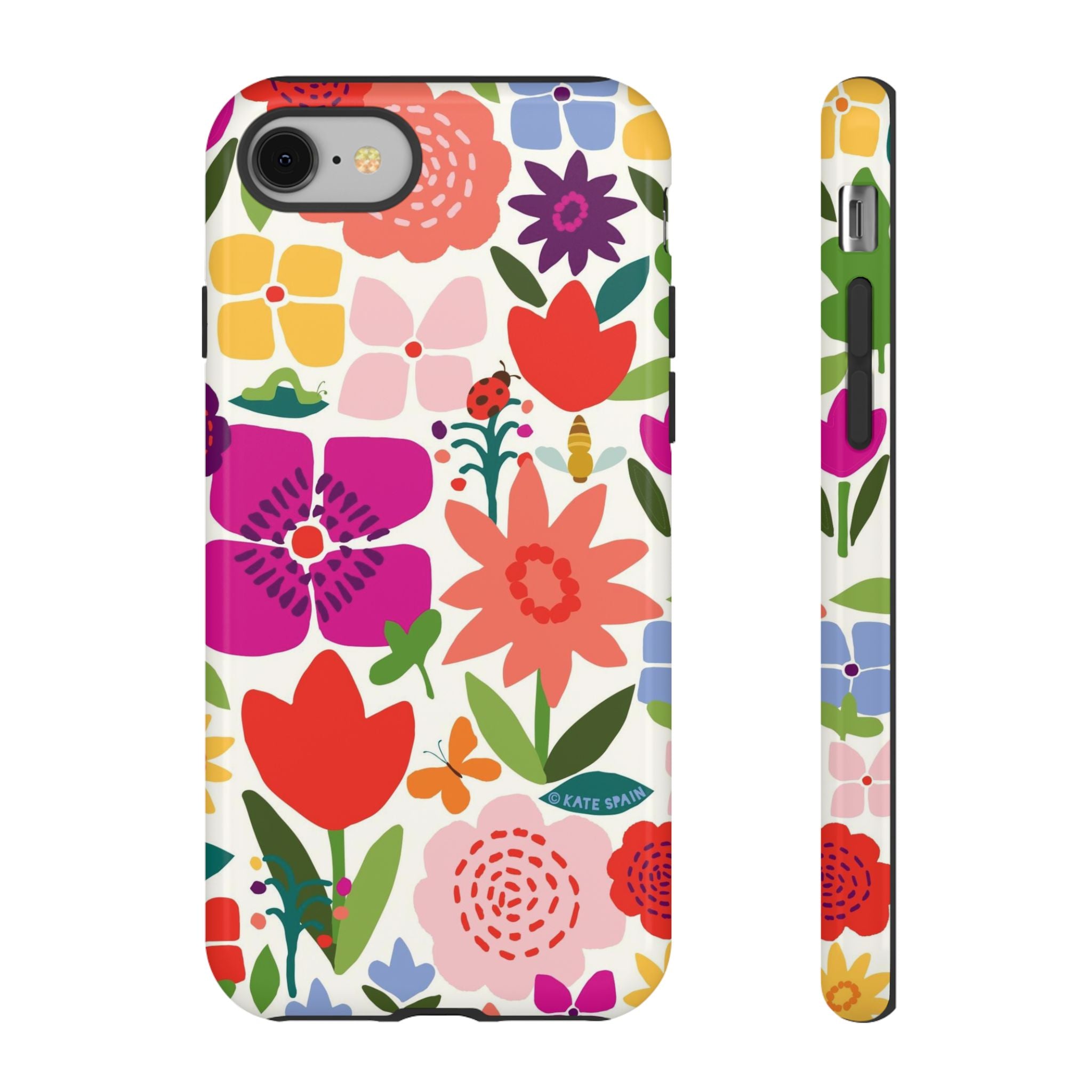 Happy Blooms Tough iPhone 8 Case – Glossy | cream, red, magenta, coral botanical floral print