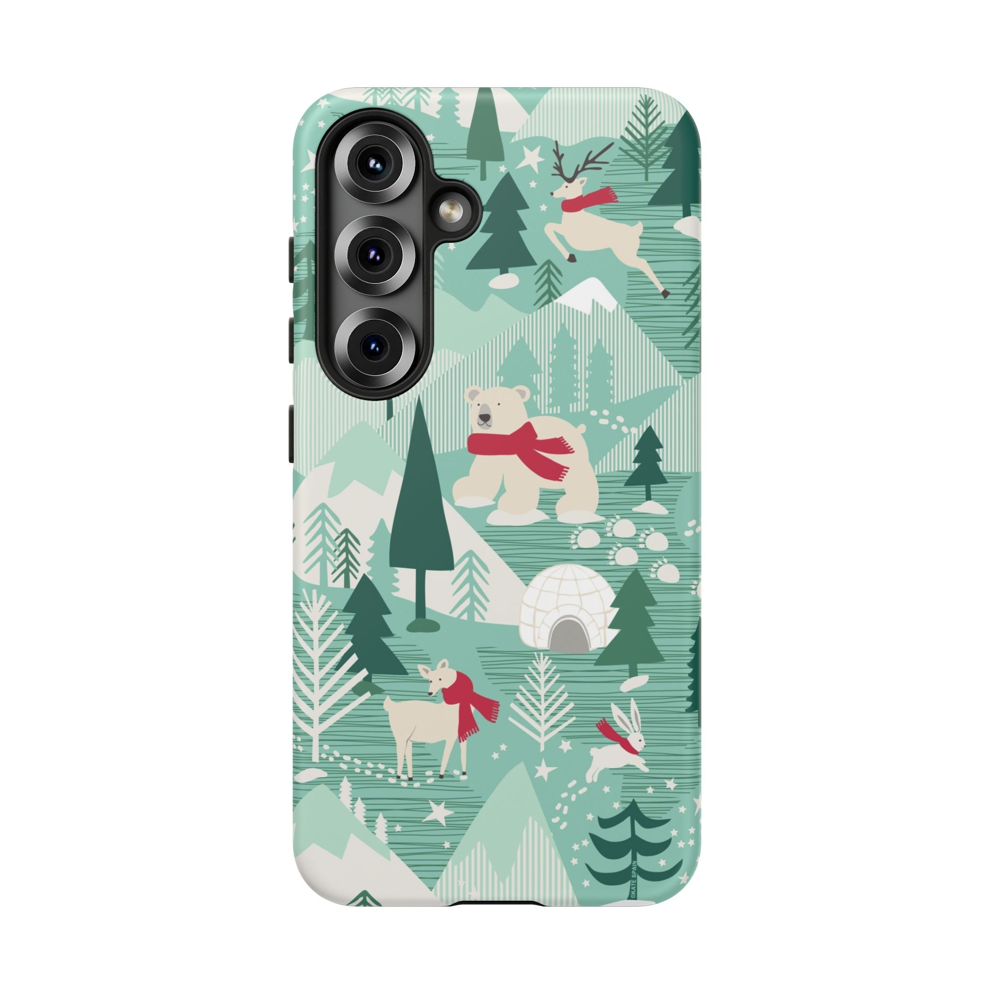 Arctica Winter Samsung Galaxy S25 Plus Case – Glossy | aqua, evergreen, white, animal frolic winter wonderland print