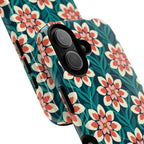 Modern Dahlia MagSafe iPhone 17 Case – closeup of 2 lenses of camera in case | teal, coral, cream botanical dahlia floral print