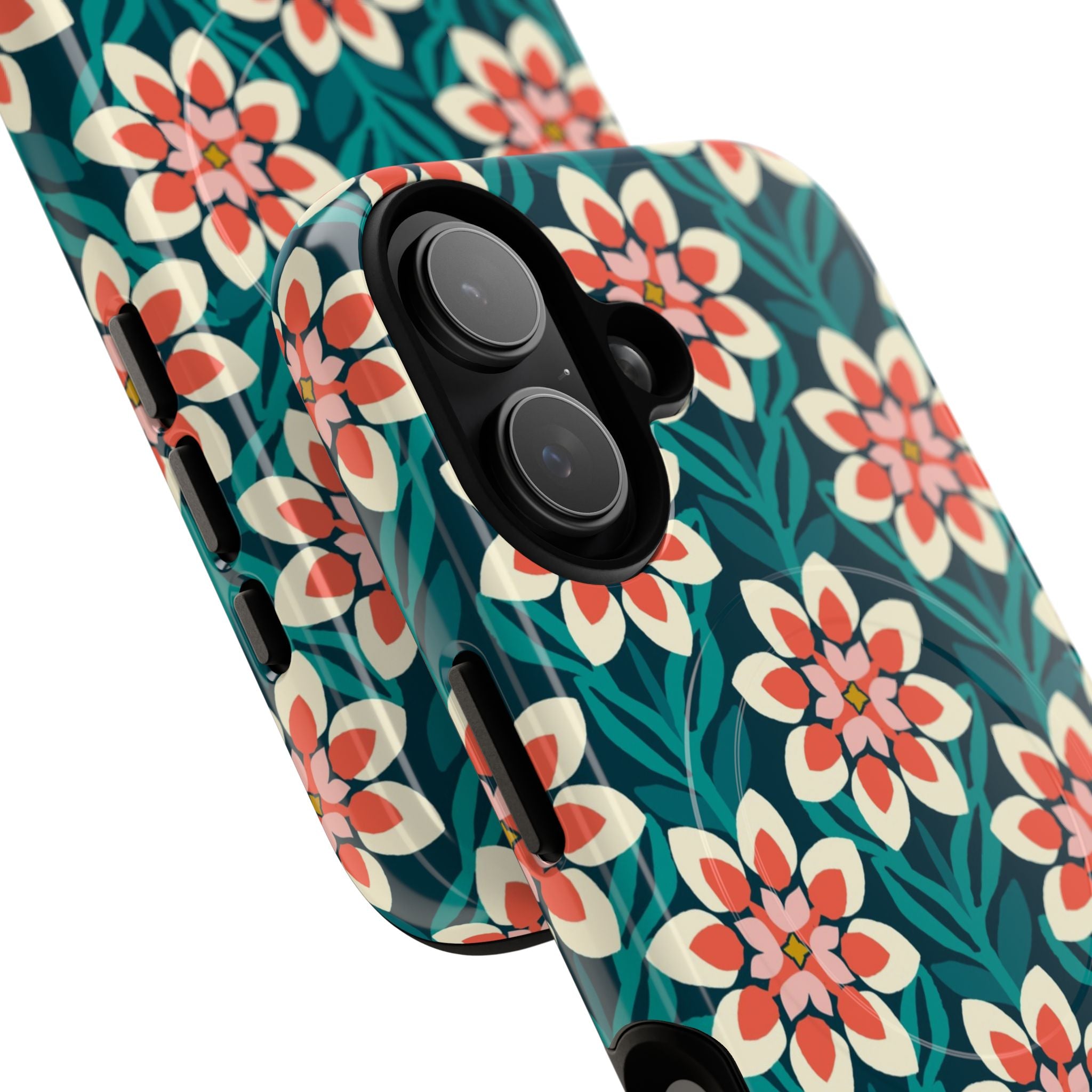 Modern Dahlia MagSafe iPhone 17 Case – closeup of 2 lenses of camera in case | teal, coral, cream botanical dahlia floral print