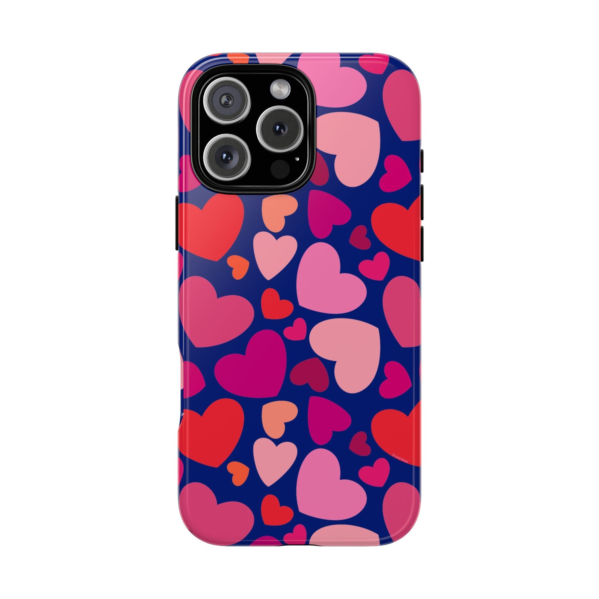 Hearts Tough iPhone 16 Pro Case – Matte | navy, pink, red, coral scattered heart print