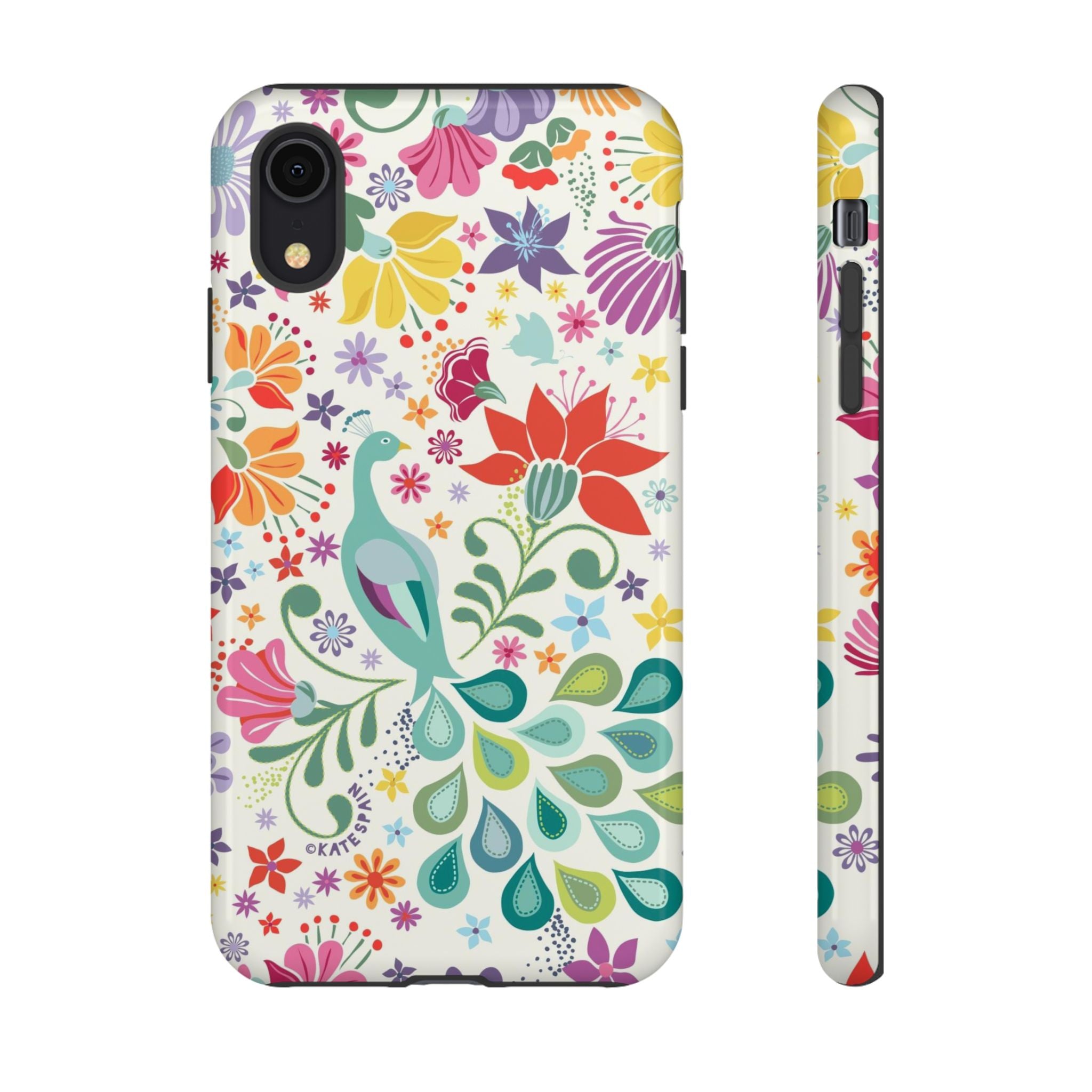 Peacock Sanctuary Tough iPhone XR Case – Glossy | white, teal, coral multicolor vibrant peacock feather botanical print