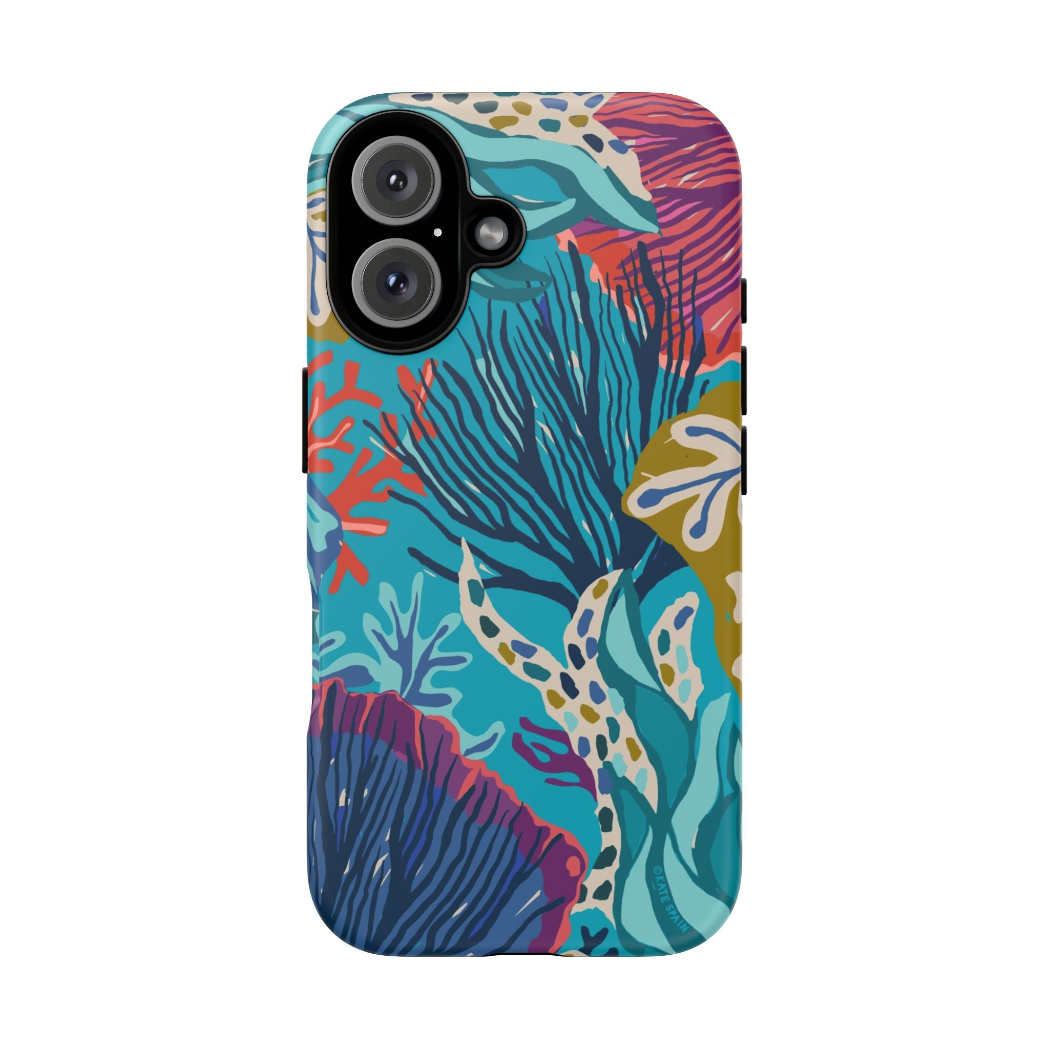 Reef Tough iPhone 16 Case – Matte | teal, coral, navy, purple botanical coral reef print