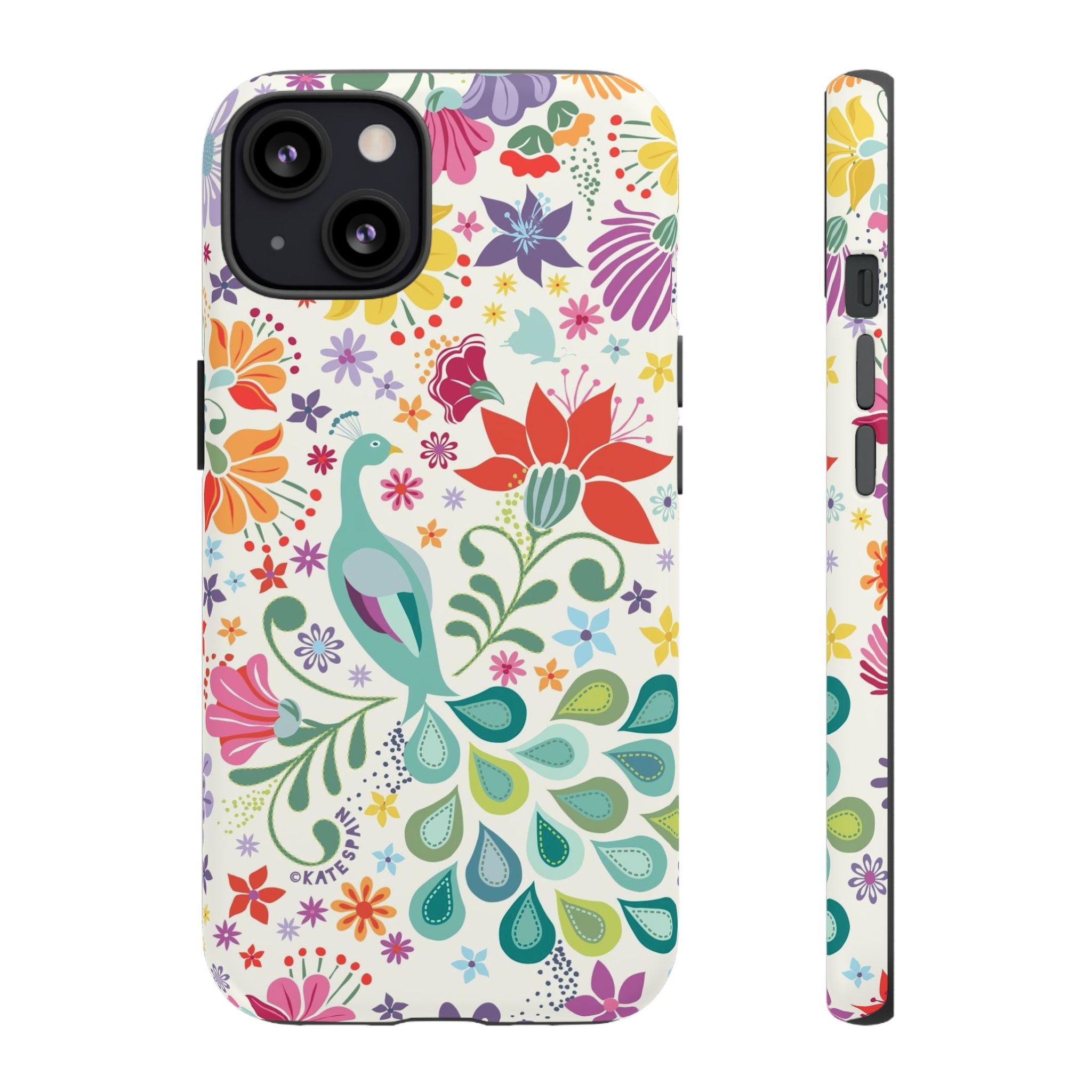 Peacock Sanctuary Tough iPhone 13 Case – Glossy | white, teal, coral multicolor vibrant peacock feather botanical print