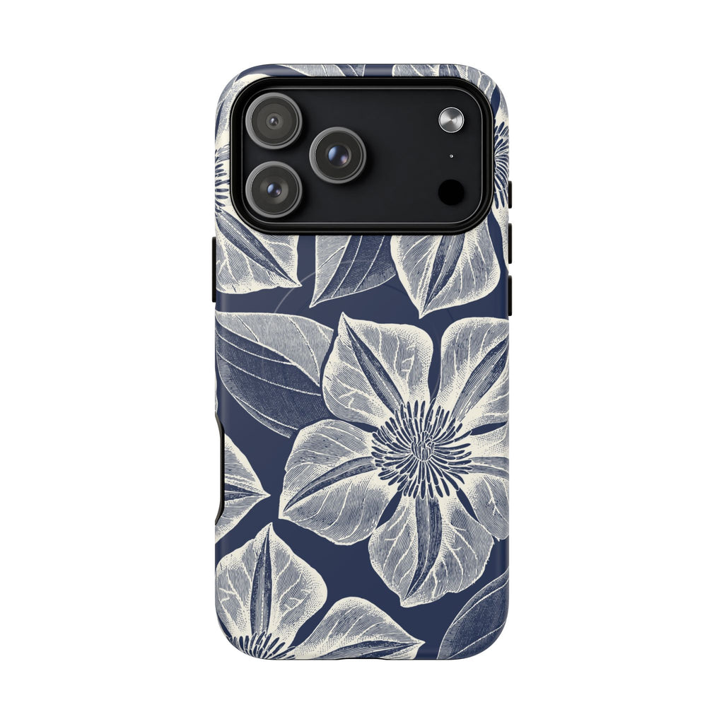 Vintage Bloom Navy MagSafe iPhone 17 Pro Max Case – Matte | navy ground, large-scale white clematis print, engraved petal detail, dual-layer protection