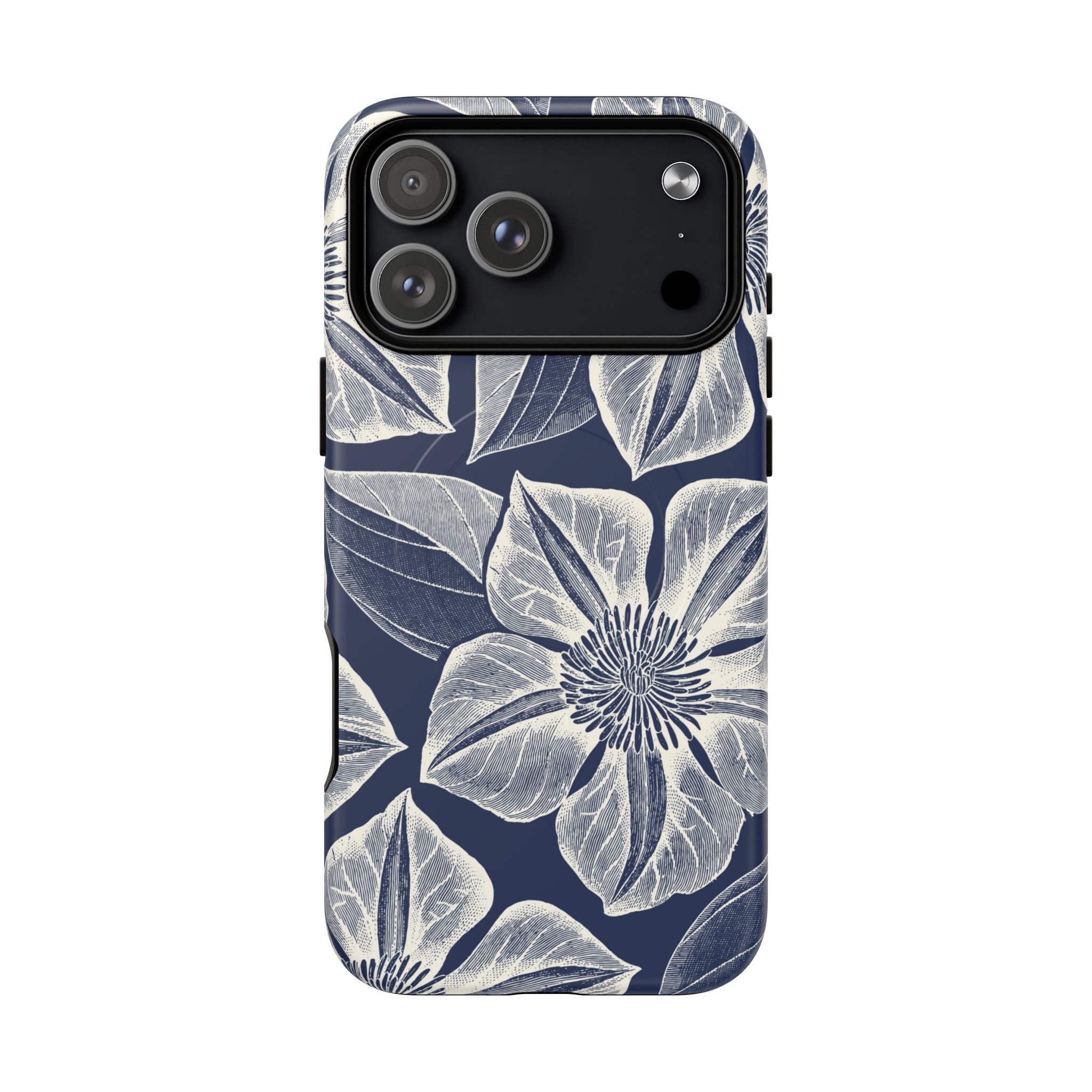 Vintage Bloom Navy MagSafe iPhone 17 Pro Max Case – Matte | navy ground, large-scale white clematis print, engraved petal detail, dual-layer protection
