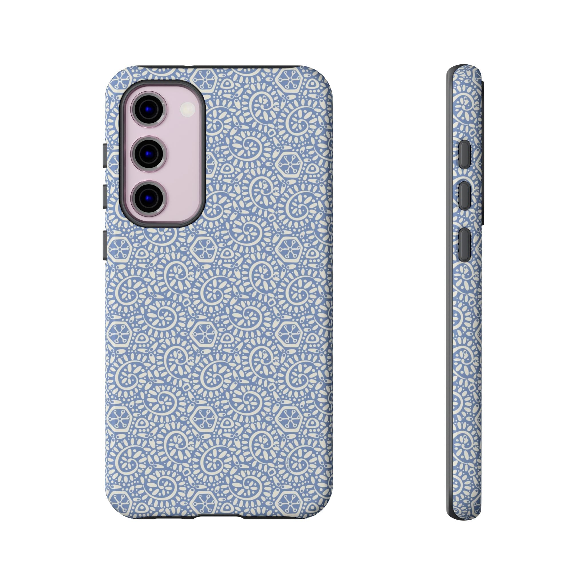 Canto Swirls Mist Samsung Galaxy S23 Plus Glossy Case — periwinkle blue hard case covered in an intricate folk-art medallion pattern of radiating white circular motifs, dot clusters, and geometric centers