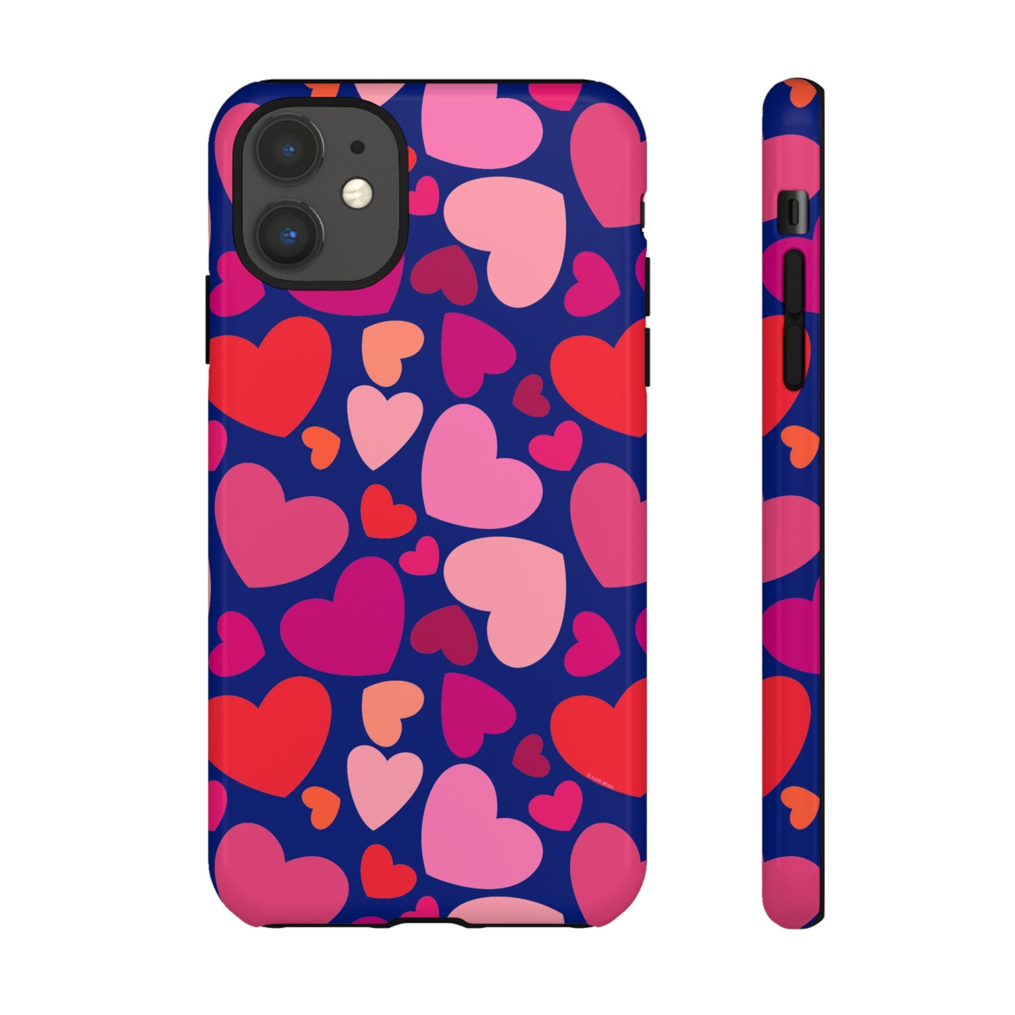 Hearts Tough iPhone 11 Case – Glossy | navy, pink, red, coral scattered heart print
