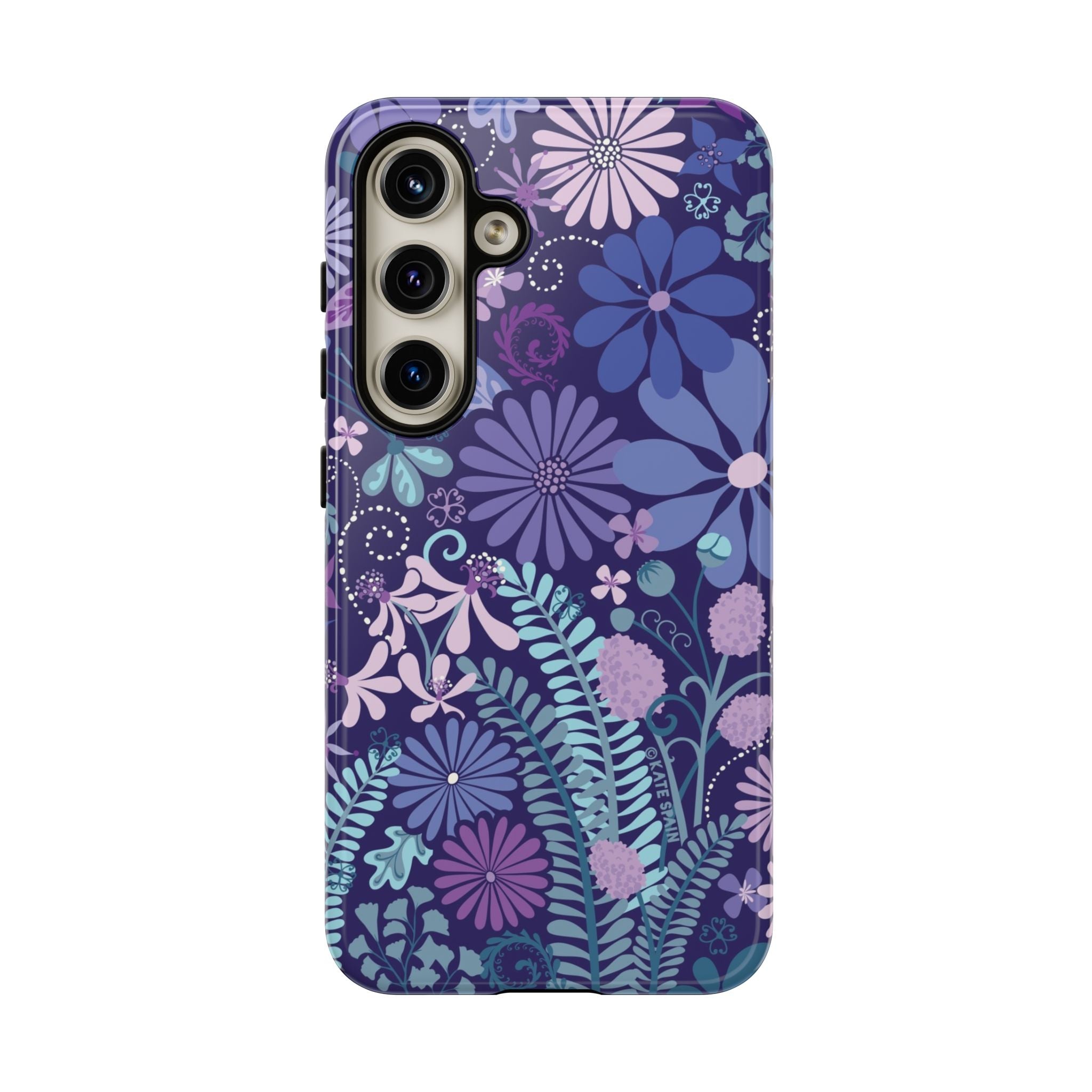 Luxury Terrain Samsung Galaxy S24 Case – Glossy | navy, purple, aqua botanical woodland floral print