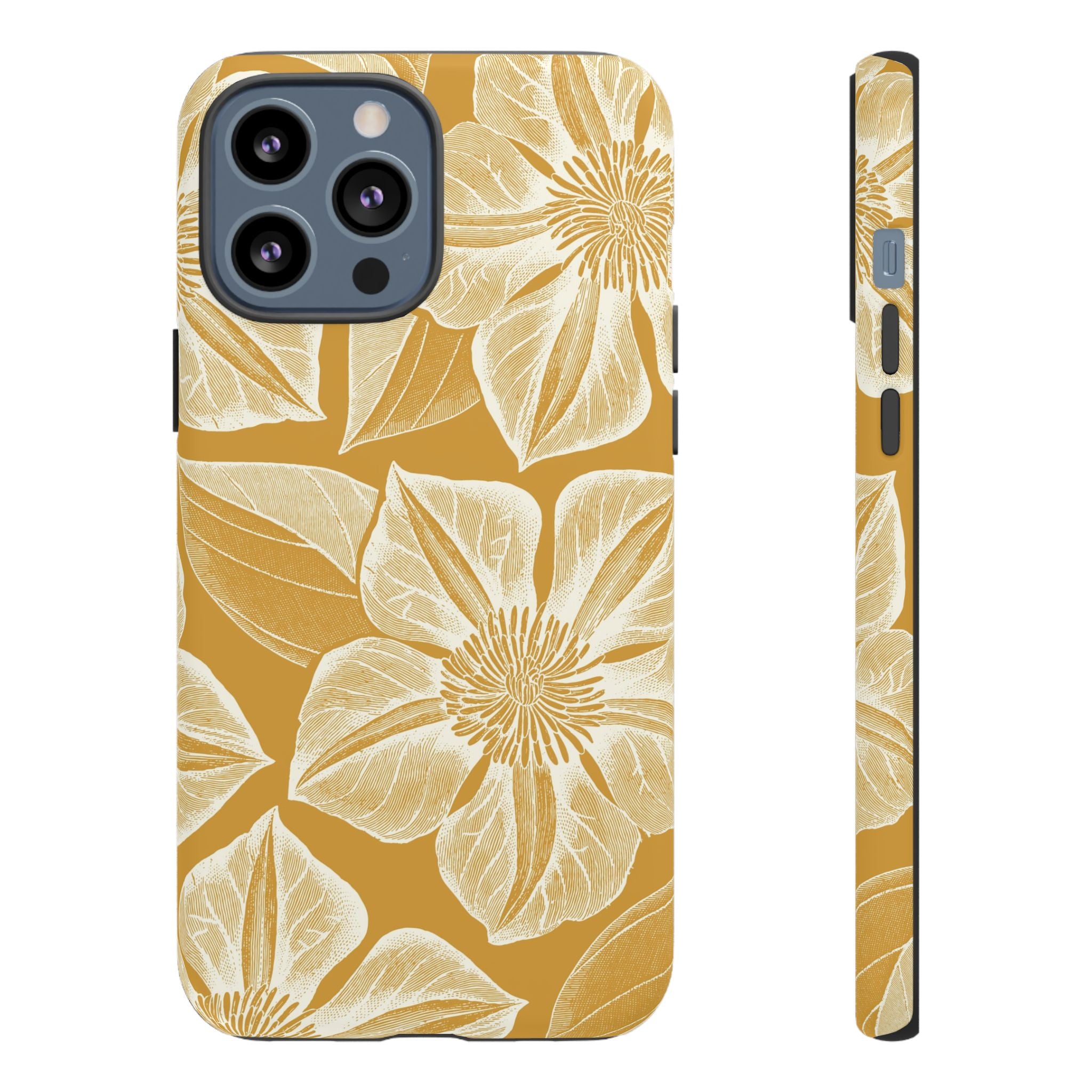 Vintage Bloom Gold iPhone 13 Pro Max case – Matte | gold ground, large-scale cream clematis print, engraved petal detail, dual-layer protection