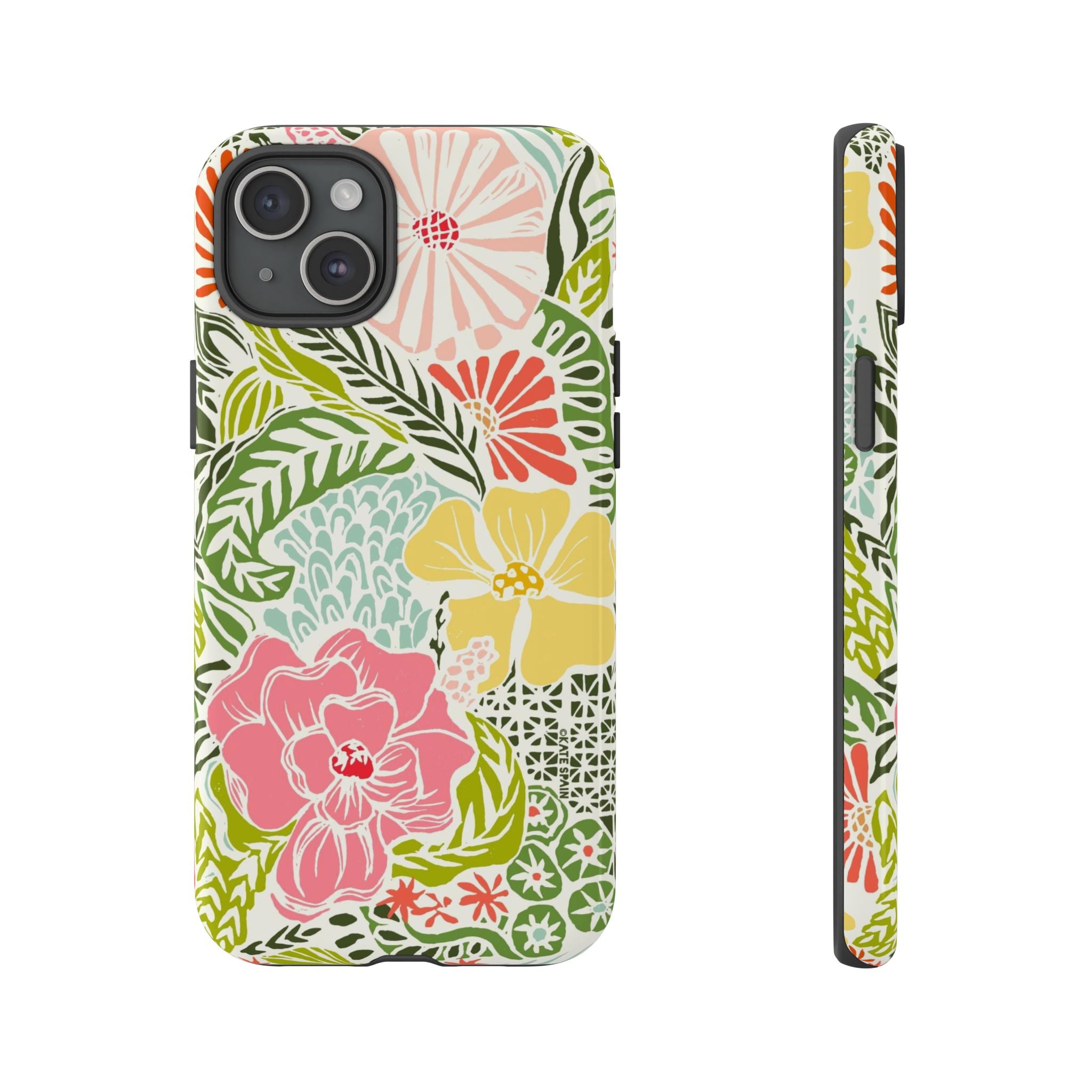 Tropica Tough iPhone 15 Plus Case – Glossy | cream, pink, yellow, blue botanical floral print