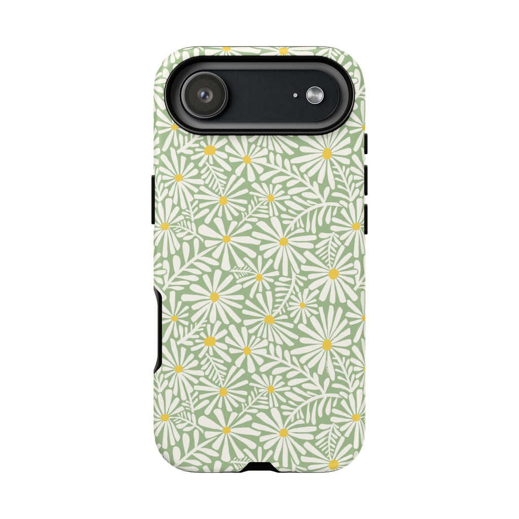 Montauk Daisy Meadow Green iPhone 17 Pro Max Case – Matte | sage green, white graphic daisy and fern print, golden yellow centers | dual-layer protection