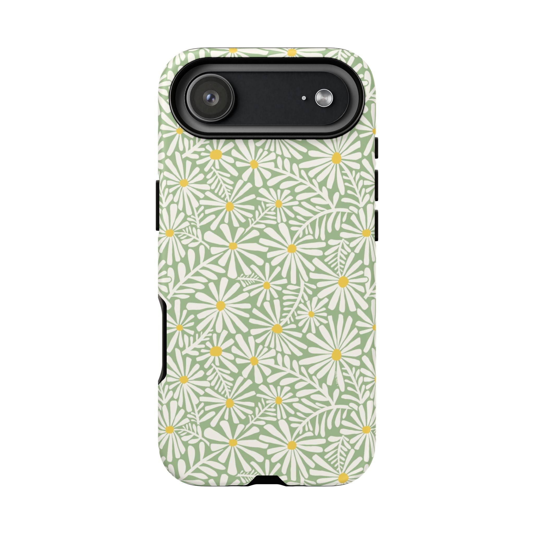 Montauk Daisy Meadow Green iPhone 17 Pro Max Case – Matte | sage green, white graphic daisy and fern print, golden yellow centers | dual-layer protection