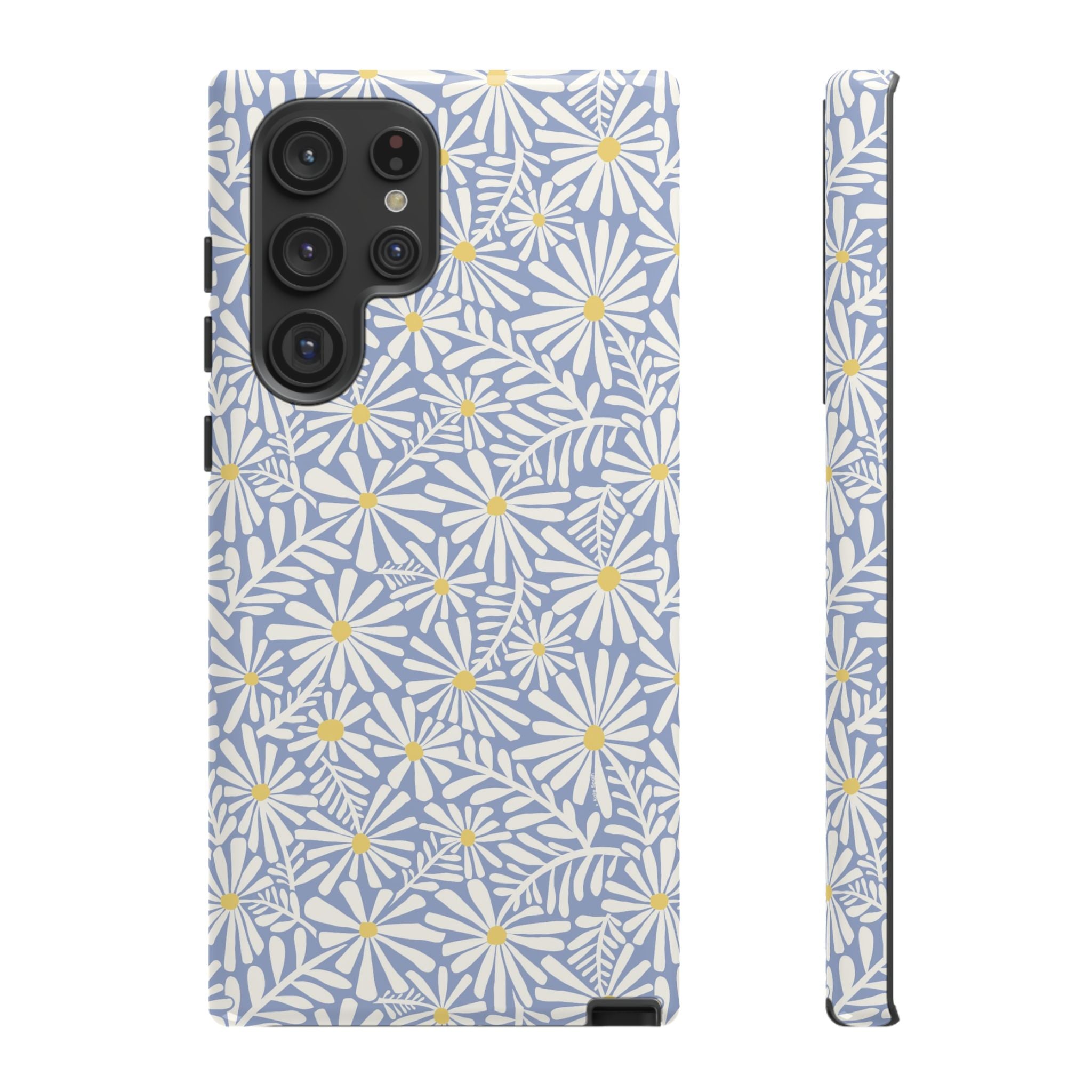 Montauk Daisy Cottage Blue Samsung Galaxy S22 Ultra Glossy case — white daisy and fern print on periwinkle blue by Kate Spain