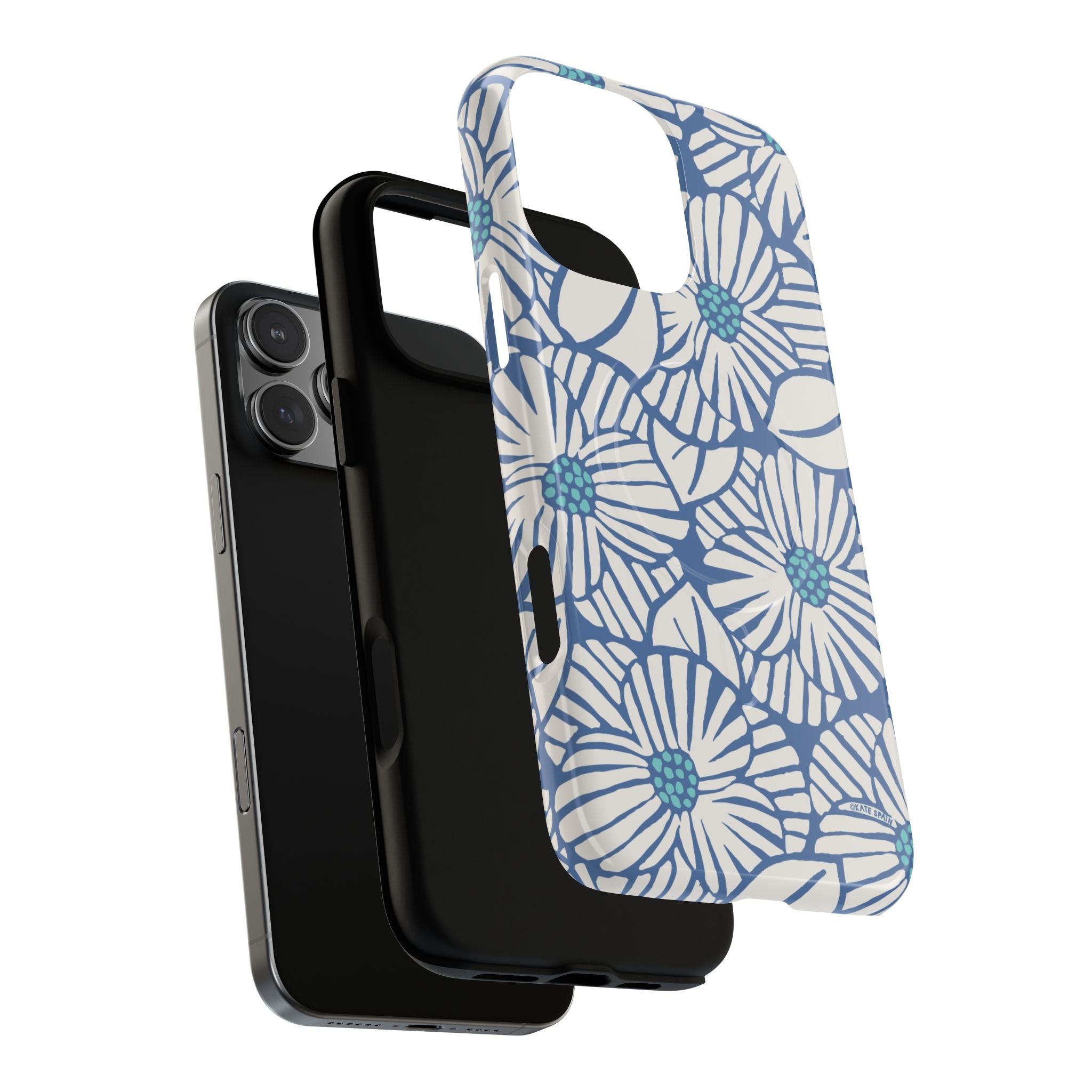 Calendula MagSafe iPhone 16 Pro Max Case – Dual-layered view of case and inner lining in front of phone, with view of camera cutout and buttons | periwinkle, cream, teal graphic daisy floral print