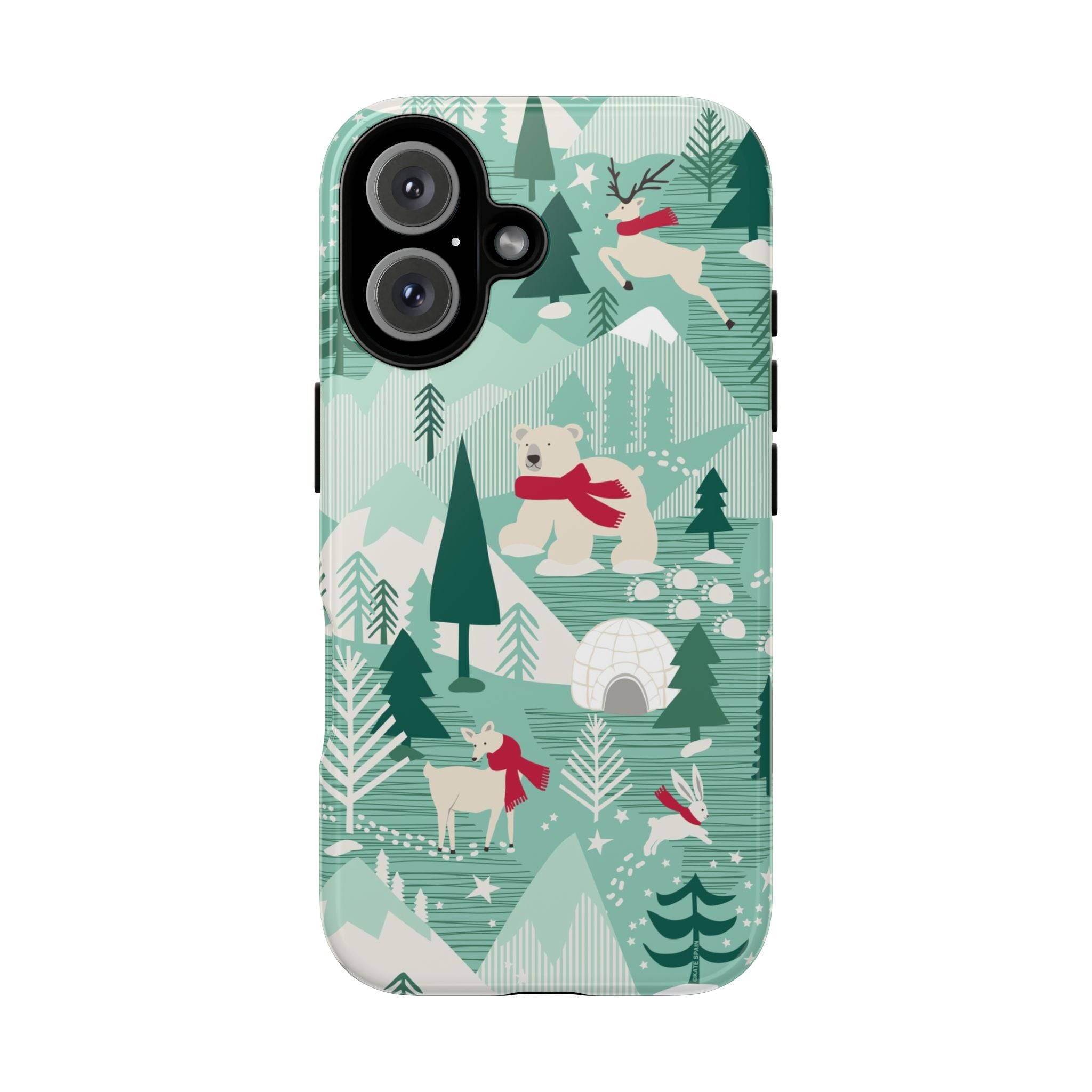 Arctica Winter Tough iPhone 16 Case – Glossy | aqua, evergreen, white, animal frolic winter wonderland print