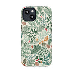 Juniper MagSafe iPhone 13 Case – Matte | cream, forest green, sage, and rust winter botanical print with pine, holly, acorns, and pinecones