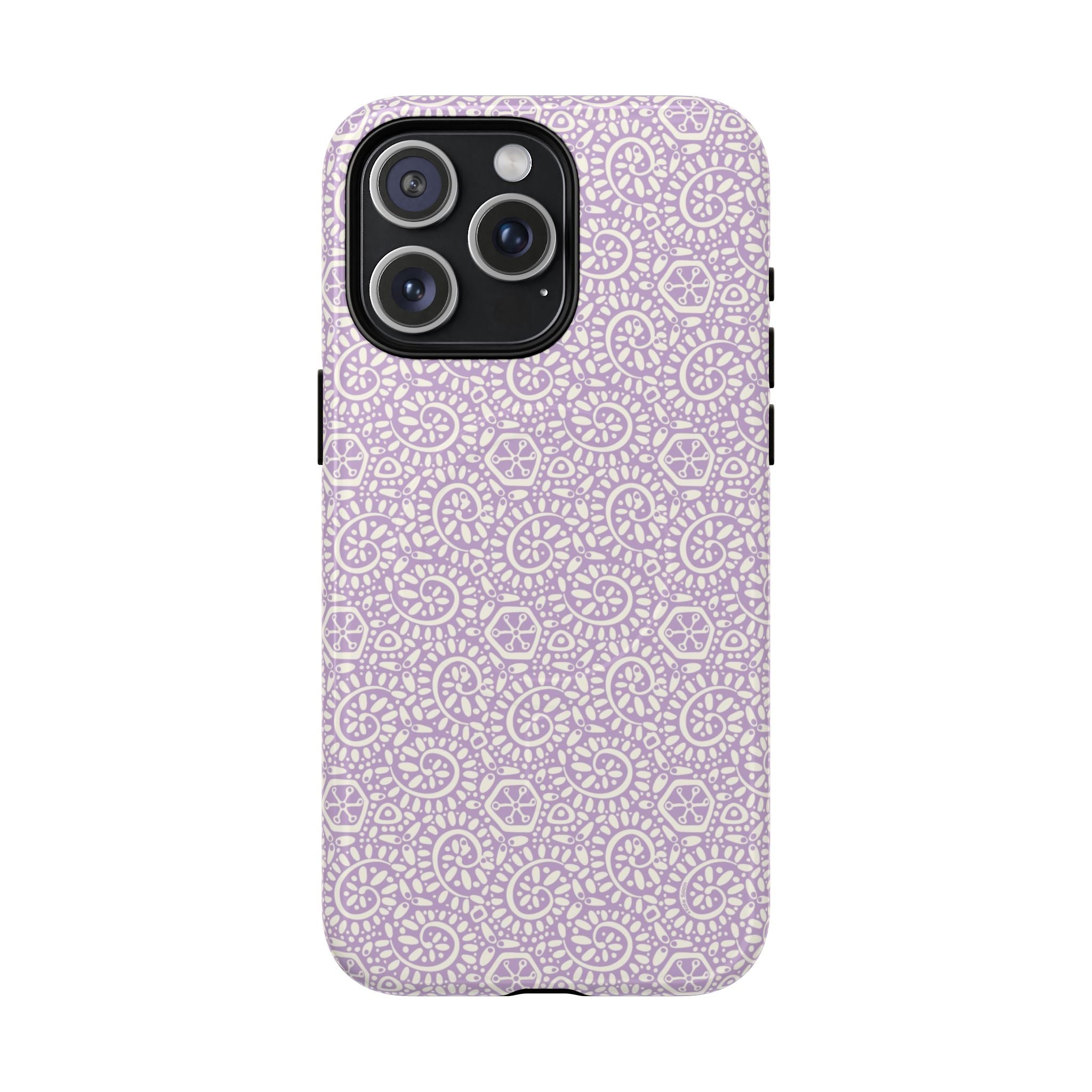 Canto Swirls Lavender MagSafe iPhone 15 Pro Max Glossy Case — lavender hard case covered in an intricate folk-art medallion pattern of radiating circular motifs, dot clusters, and geometric centers