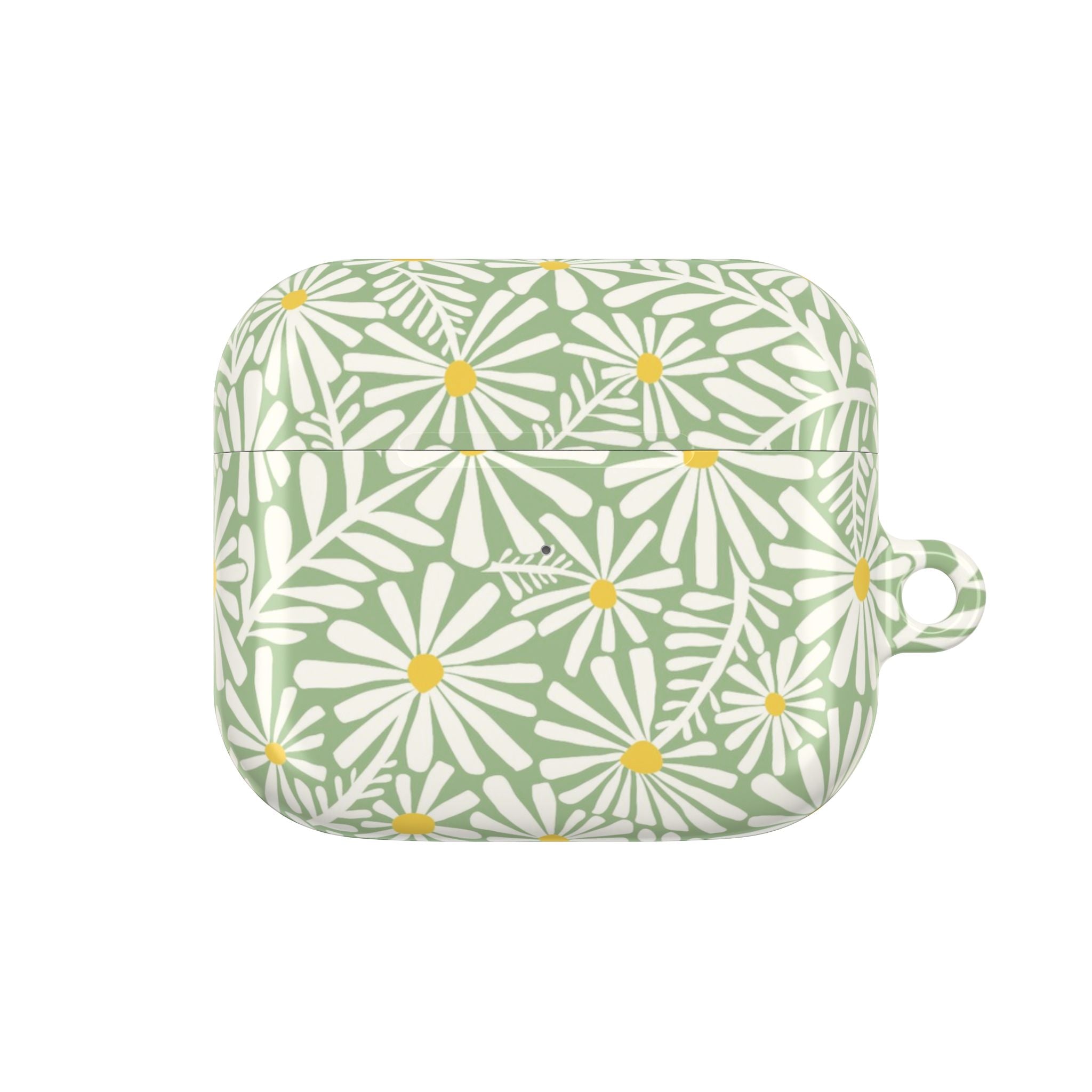 Montauk Daisy Meadow Green AirPods Gen 3 Case – Glossy | sage green, white graphic daisy and fern print, golden yellow centers | polycarbonate shell with carabiner