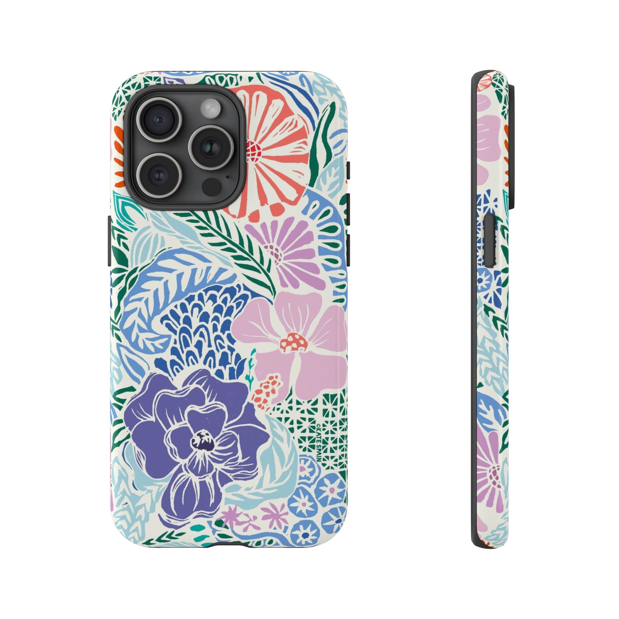Tropica Tough iPhone 15 Pro Max Case – Glossy | purple, coral, pink, blue botanical tropical floral print