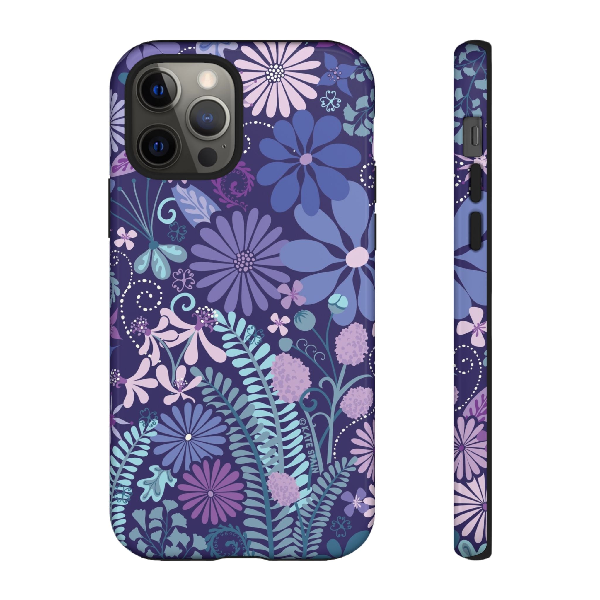 Luxury Terrain Tough iPhone 12 Pro Case – Glossy | navy, purple, aqua botanical woodland floral print