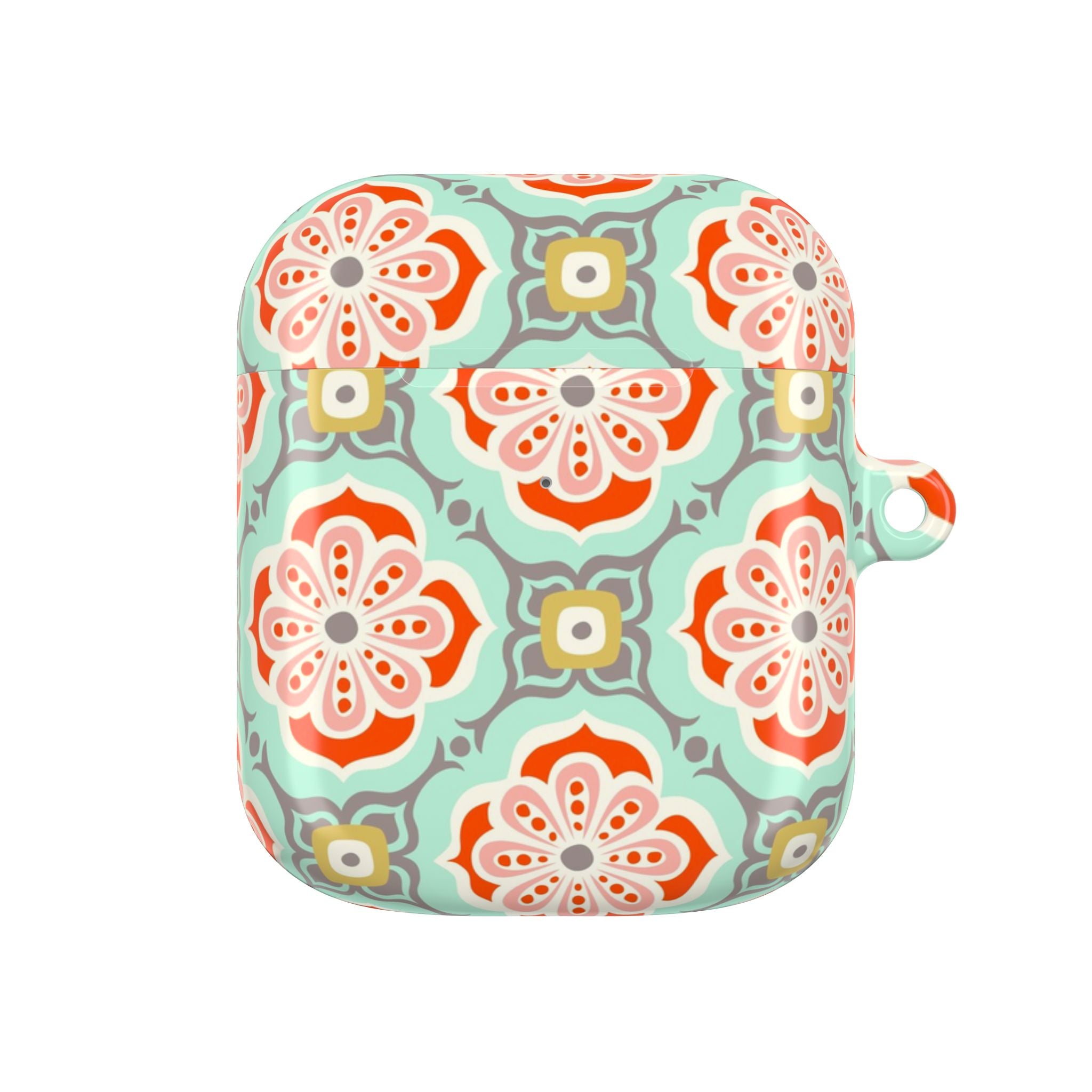 AirPods Gen 2 case – Glossy | terracotta red, coral, and gold geometric tile pattern on sage green ground