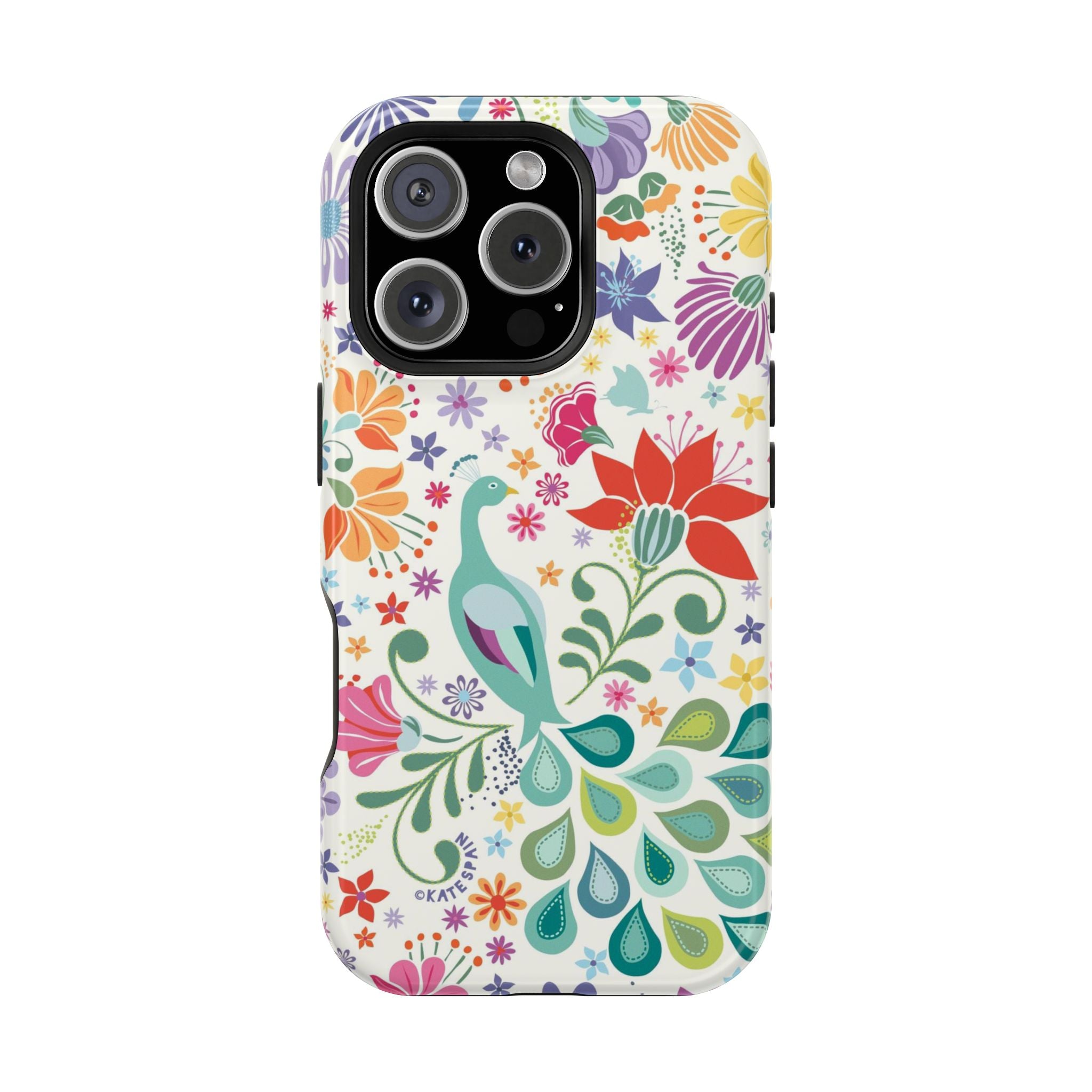 Peacock Sanctuary MagSafe iPhone 15 Pro Max Case – Glossy | ivory, teal, navy peacock botanical print MagSafe compatible, dual-layer protection