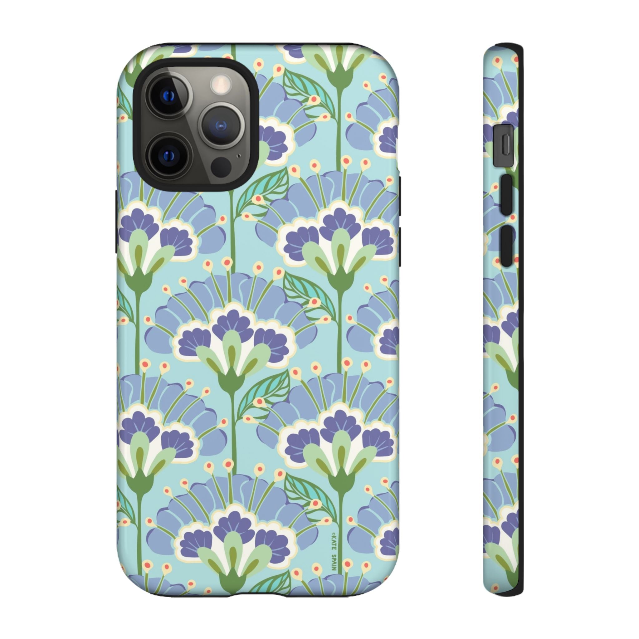 Lantern Flower Tough iPhone 12 Pro Case – Glossy | aqua, periwinkle, green botanical lantern floral print
