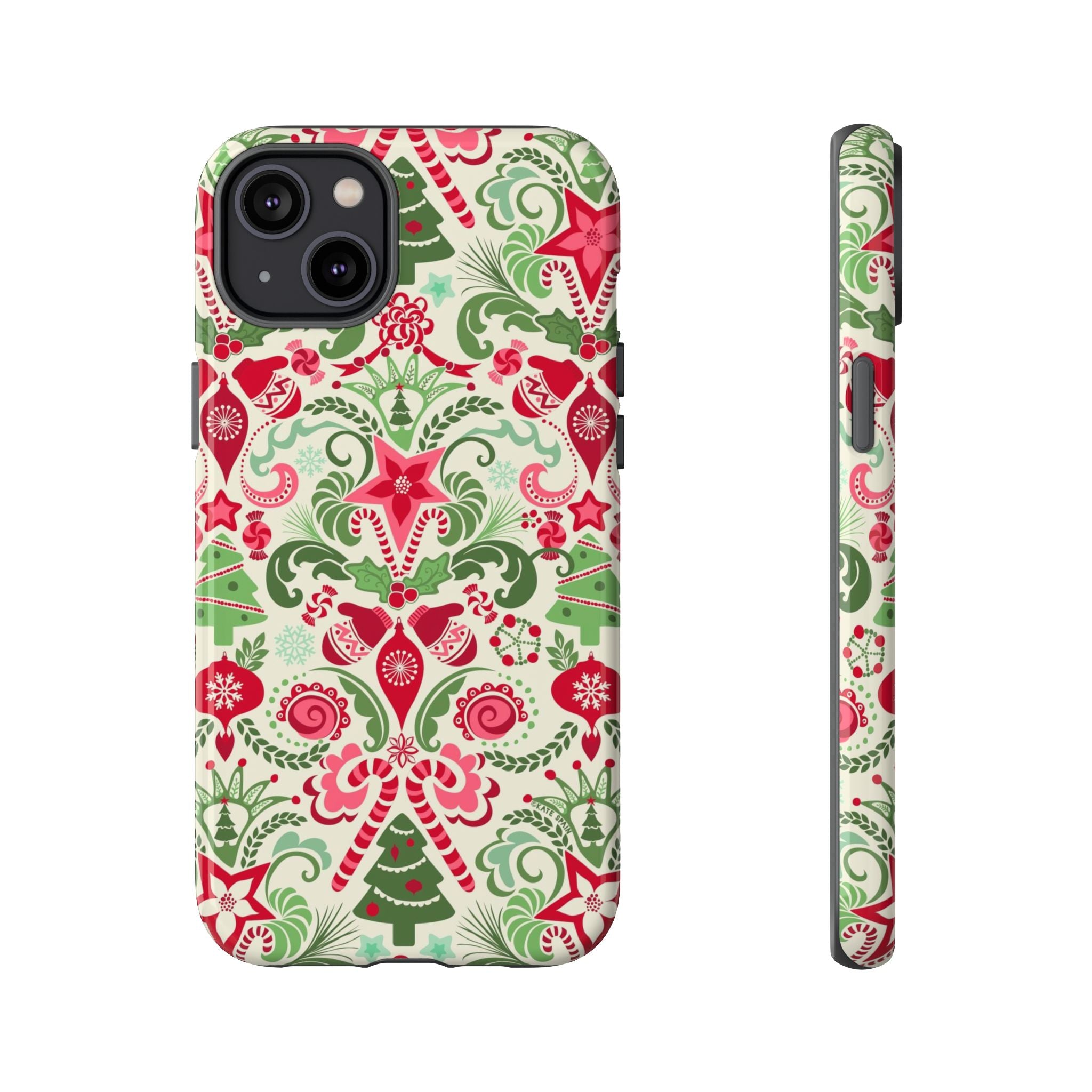 Wonderland Tough iPhone 14 Plus Case – Glossy | cream, red, green Christmas ornament damask print