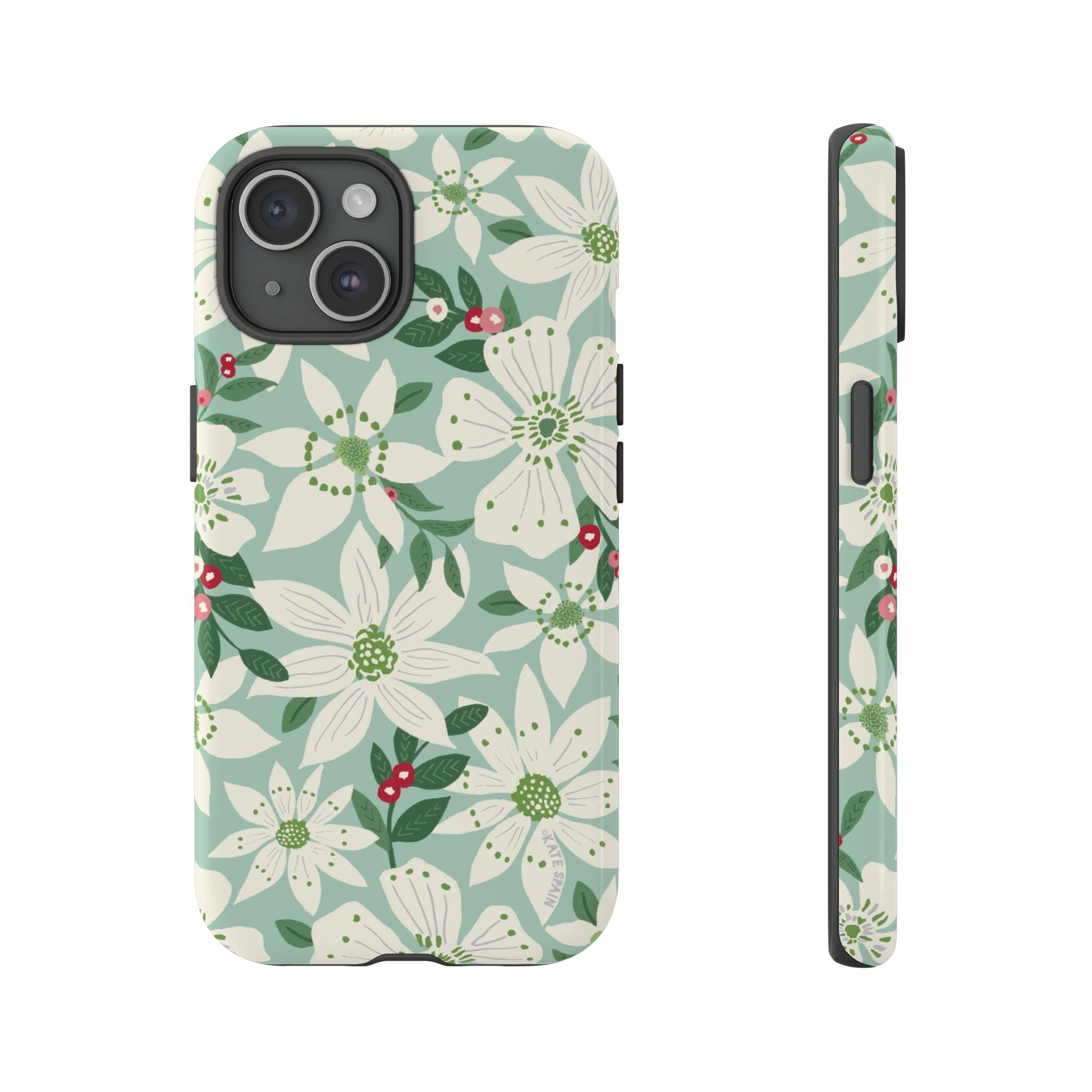Gardenia Tough iPhone 15 Case – Glossy | light blue, white, green, red gardenia botanical print