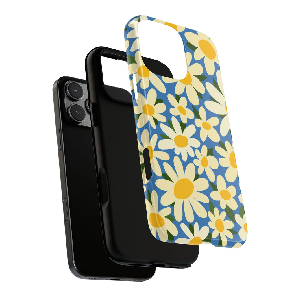 Shasta Daisy Tough iPhone 16 Pro Max Case – dual-layer construction detail | blue, cream, yellow daisy floral print