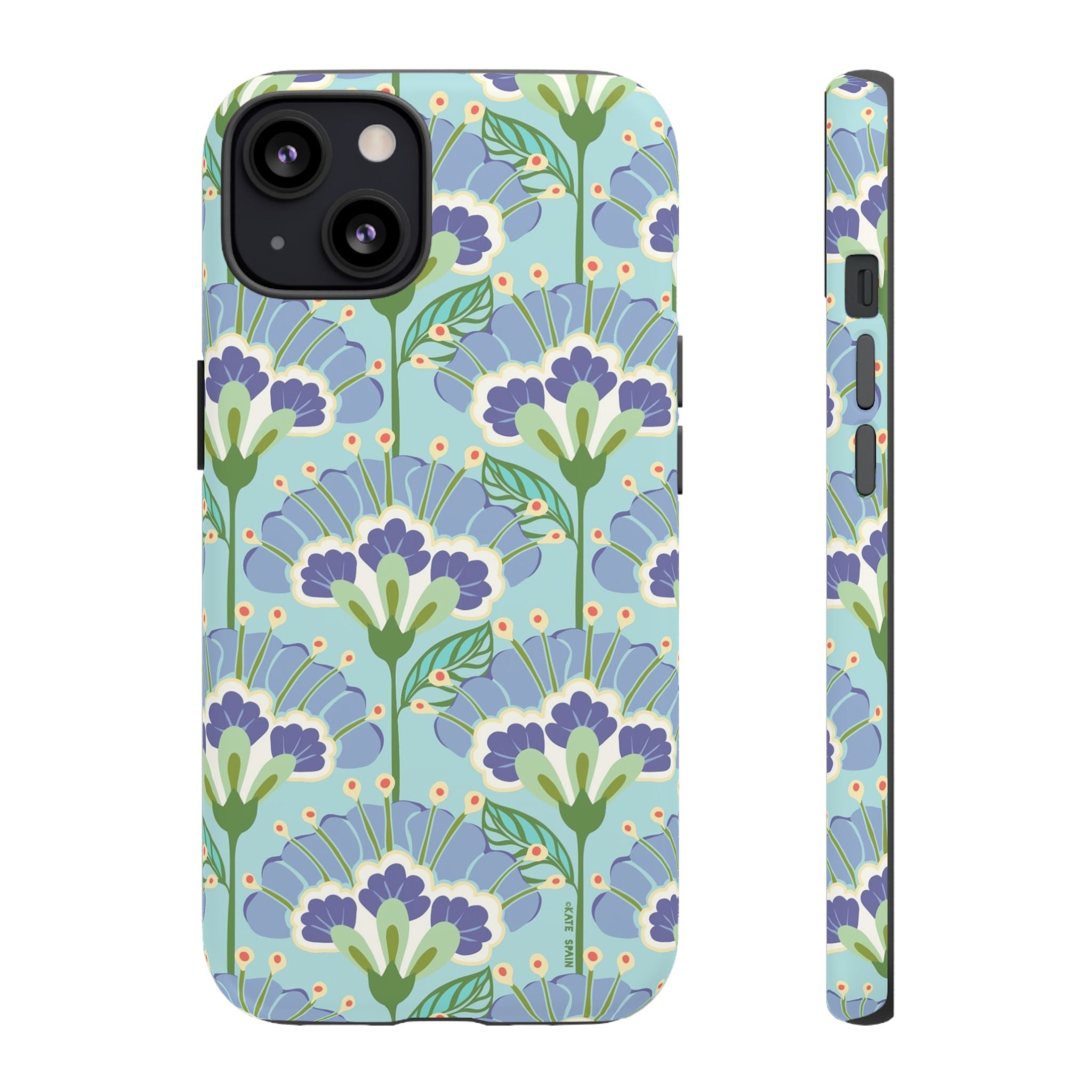 Lantern Flower Tough iPhone 13 Case – Glossy | aqua, periwinkle, green botanical lantern floral print