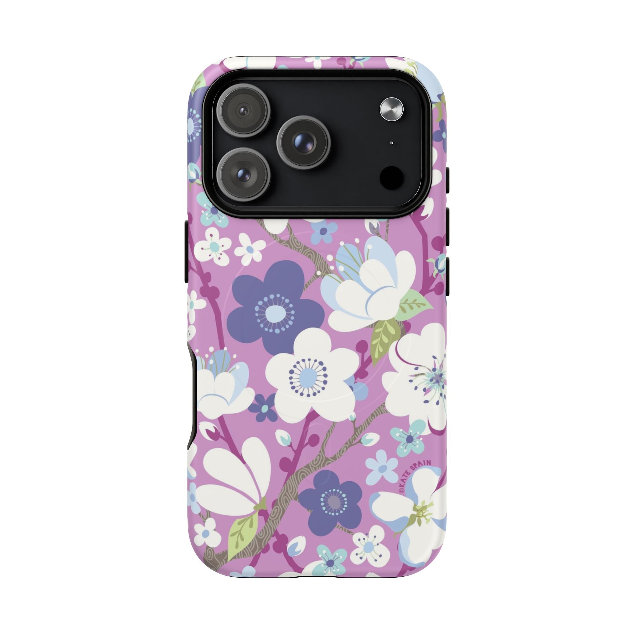Purple Cherry Blossom MagSafe iPhone 17 Pro Case – Matte | mauve, purple, blue, white cherry blossom print