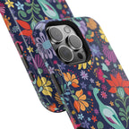 Peacock Sanctuary MagSafe iPhone 16 Pro Max Case – Glossy angled view closeup of camera cutout and buttons | navy, teal, ivory peacock botanical print MagSafe compatible, dual-layer protection