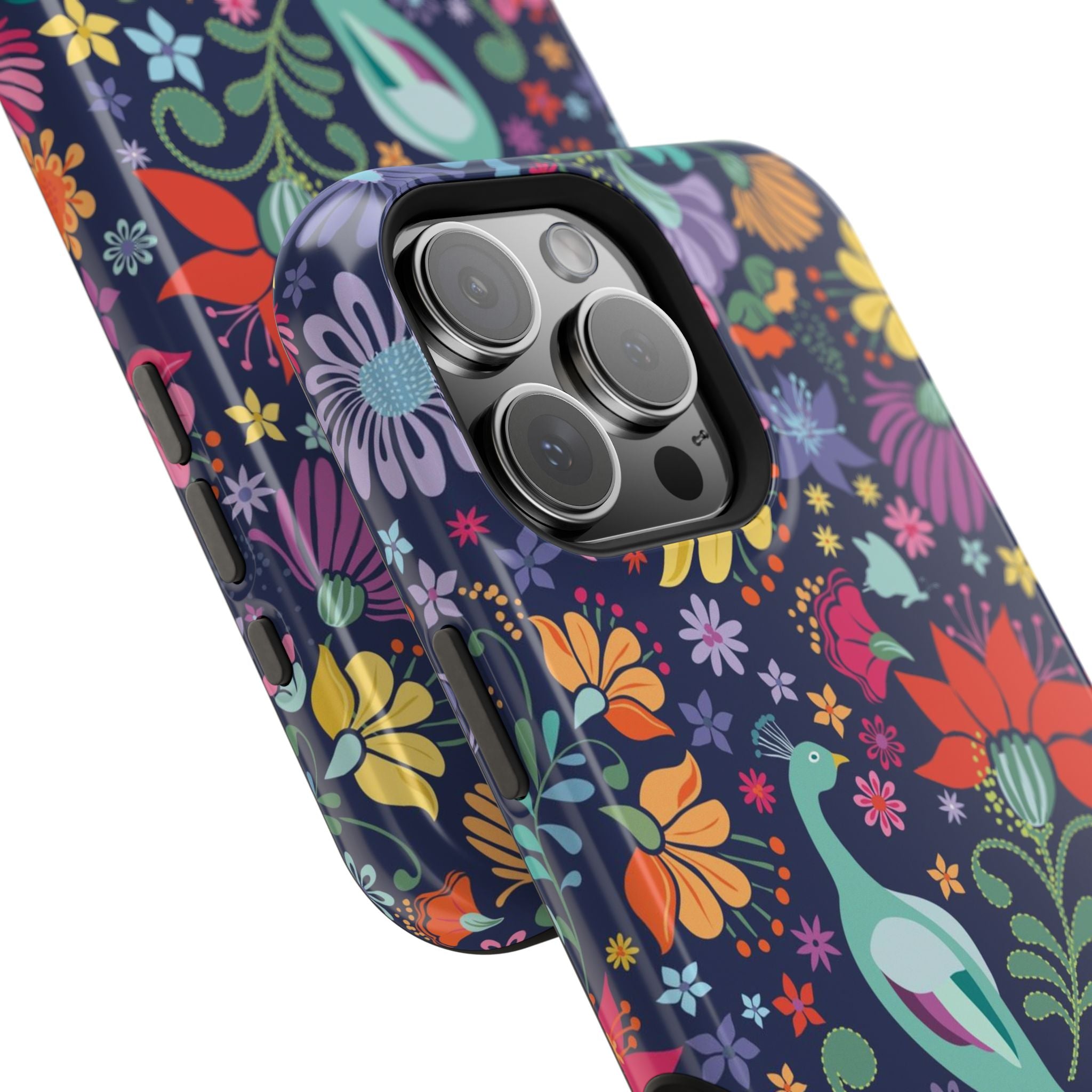 Peacock Sanctuary MagSafe iPhone 16 Pro Max Case – Glossy angled view closeup of camera cutout and buttons | navy, teal, ivory peacock botanical print MagSafe compatible, dual-layer protection