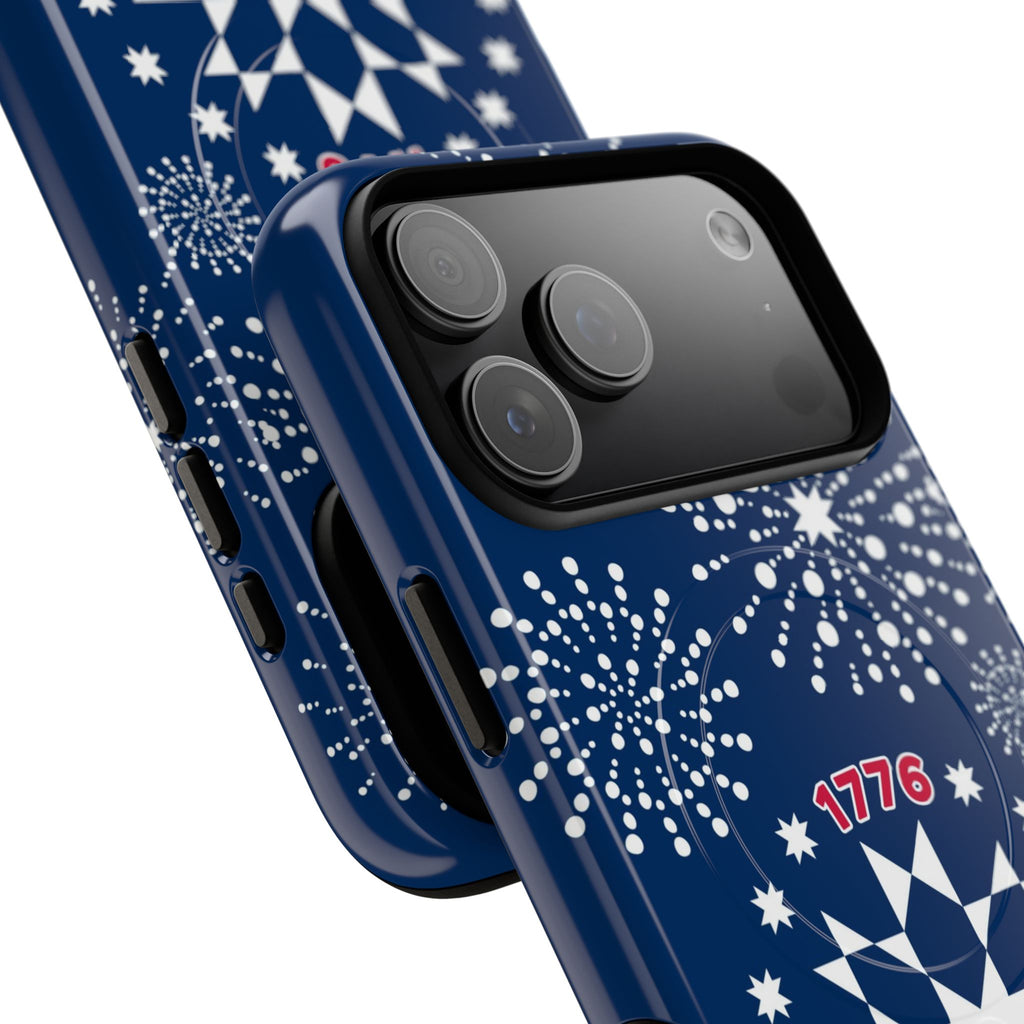 250th Fireworks MagSafe iPhone 17 Pro Max Case angled view close-up of buttons and camera cut-out of case in navy, white patriotic star quilt fireworks print