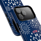 250th Fireworks MagSafe iPhone 17 Pro Max Case angled view close-up of buttons and camera cut-out of case in navy, white patriotic star quilt fireworks print