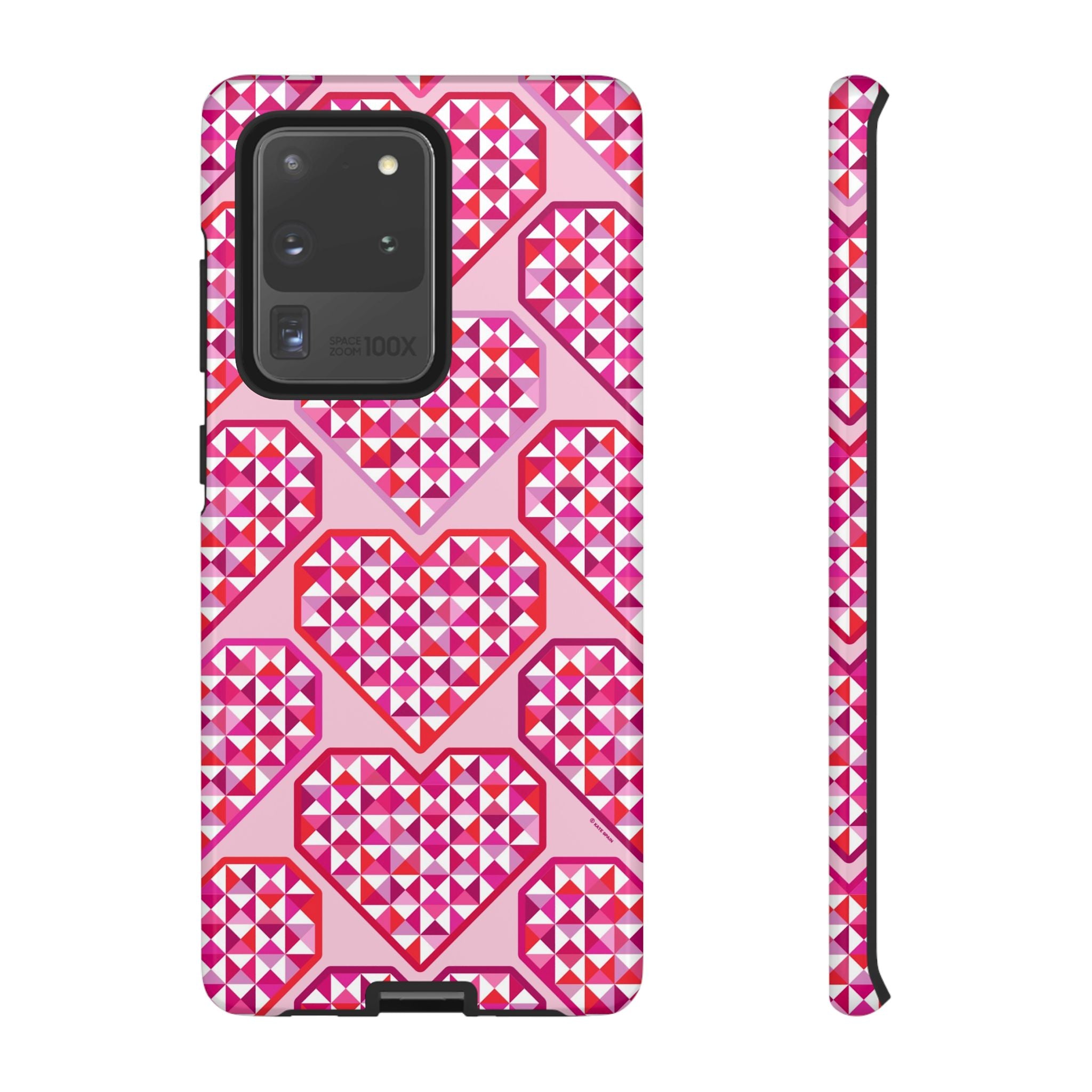 Pink Pyramid Heart Samsung Galaxy S20 Ultra Case – Glossy | pink, magenta, white geometric heart pyramid print