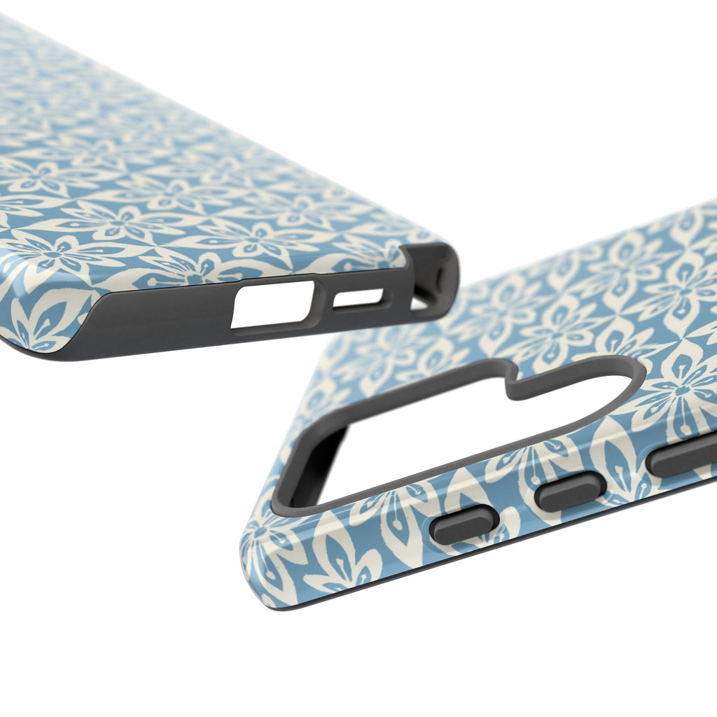 Lily Blue Samsung Galaxy S25 Ultra Glossy case — dual view showing ports, camera cutout, and buttons — graphic white lily on cerulean by Kate Spain