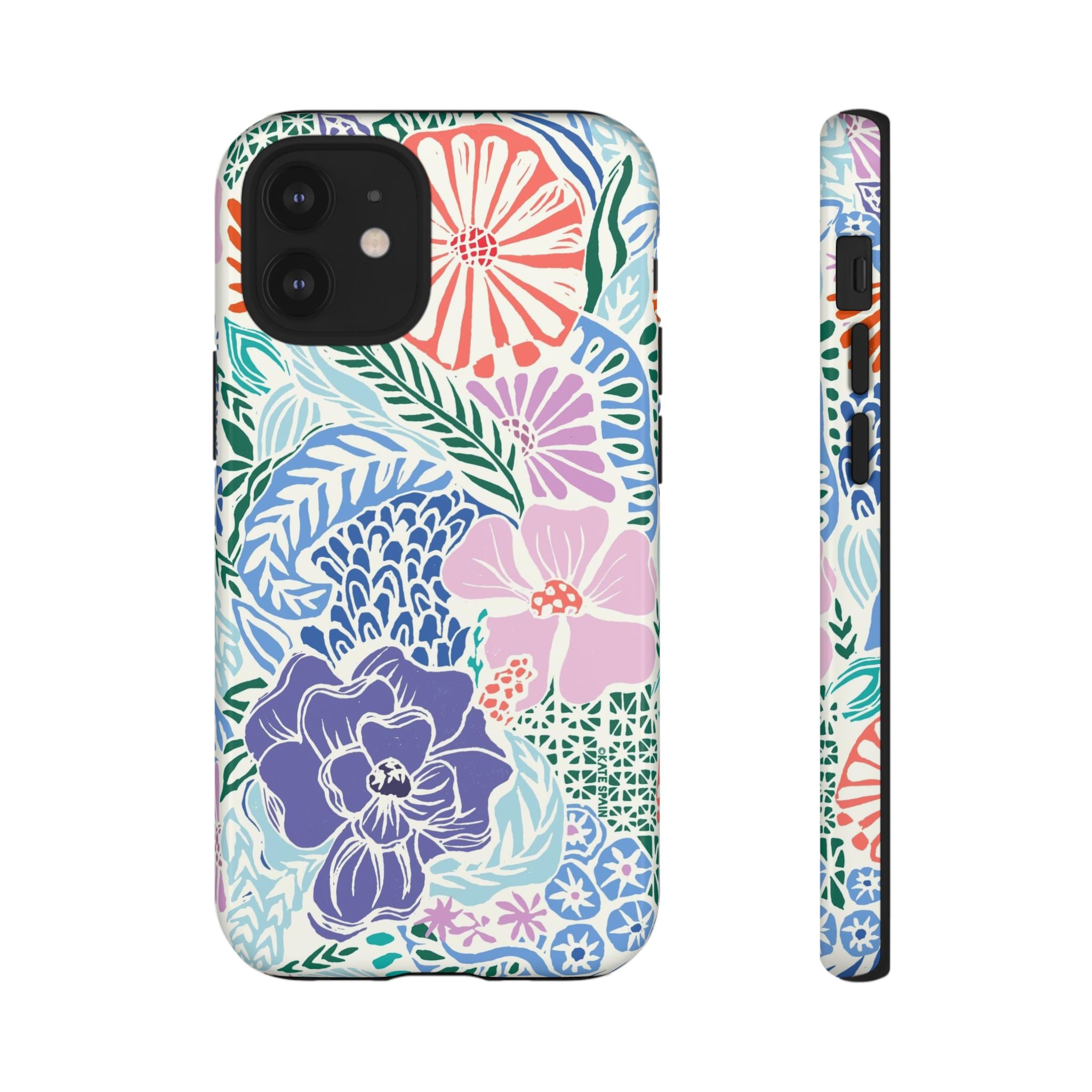 Tropica Tough iPhone 12 Mini Case – Glossy | purple, coral, pink, blue botanical tropical floral print