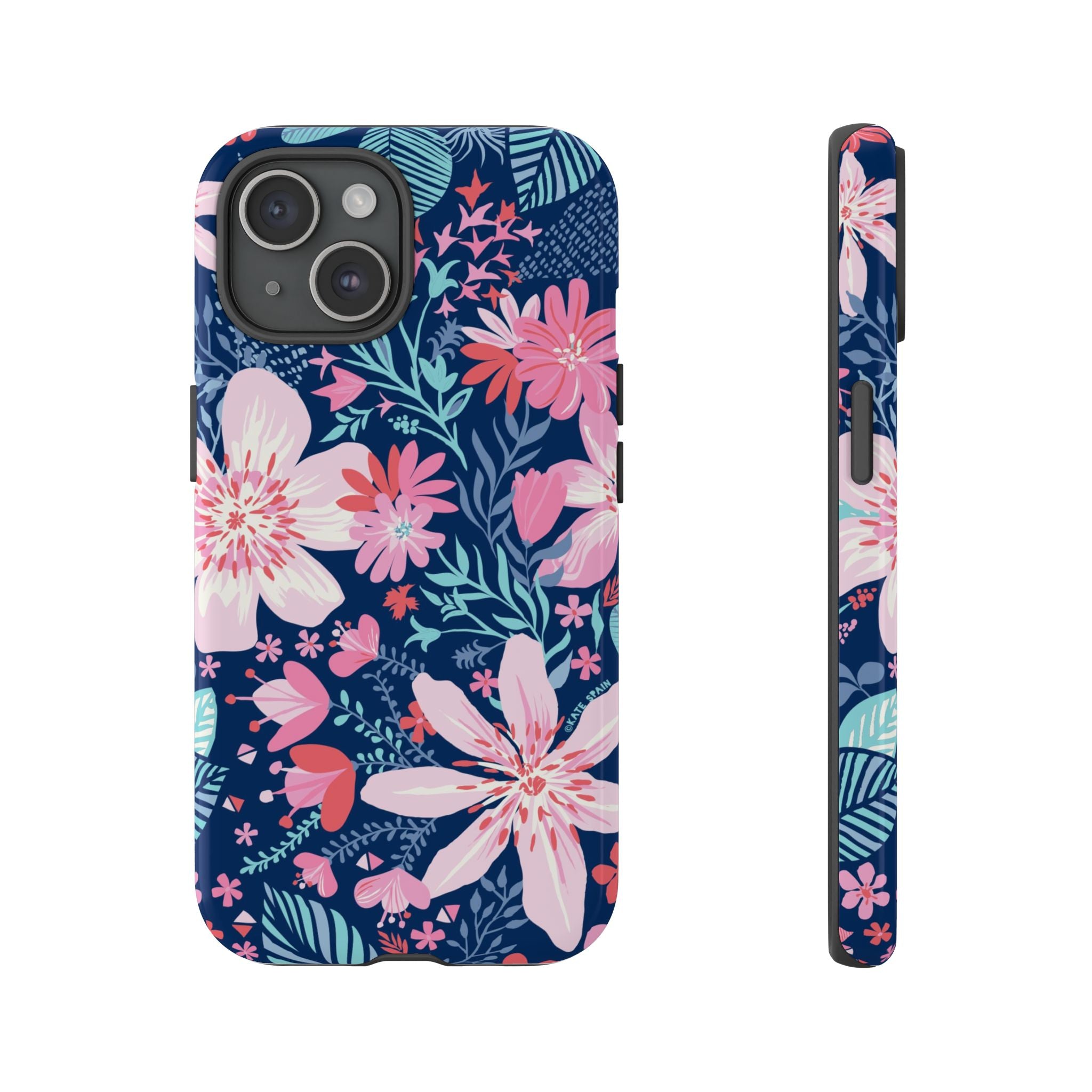 Bonaire Tough iPhone 15 Case – Glossy | navy, pink, white tropical floral botanical print