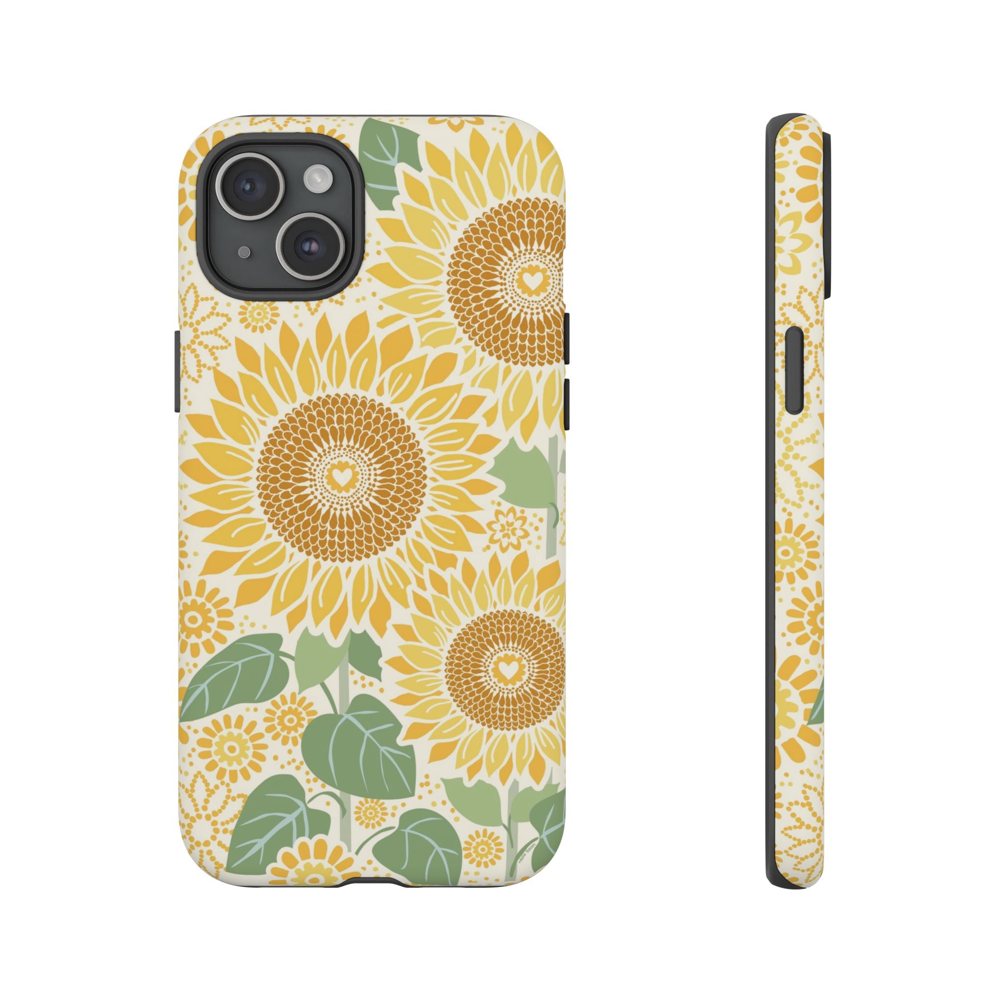 Sunny Sunflower iPhone 15 Plus case – Matte | cream ground, large-scale yellow sunflower print, golden seed detail with heart centers, dual-layer protection