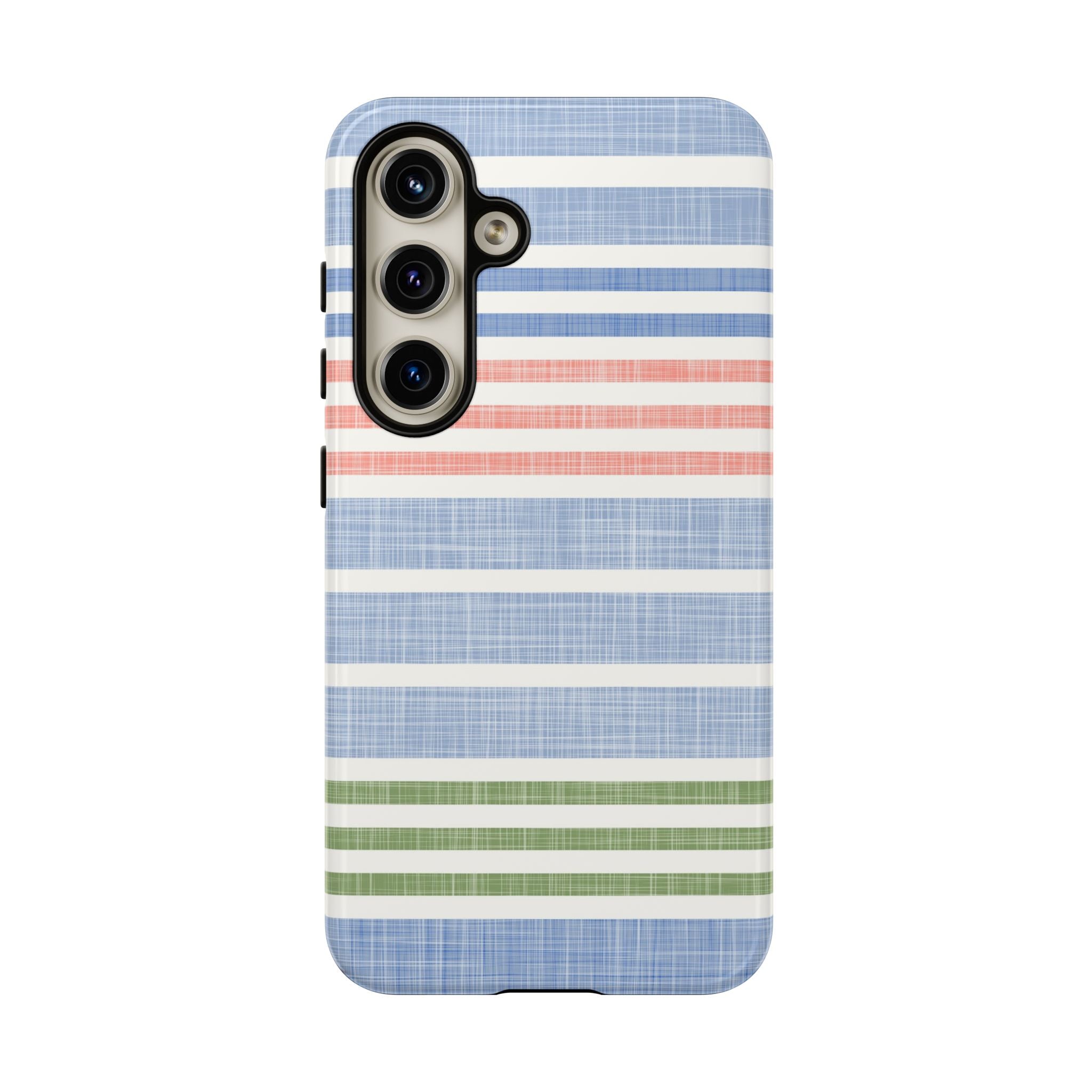 Cabana Stripe Pastel Samsung Galaxy S24 Case – Glossy | soft blue, coral, sage green chambray-textured stripe print dual-layer protection