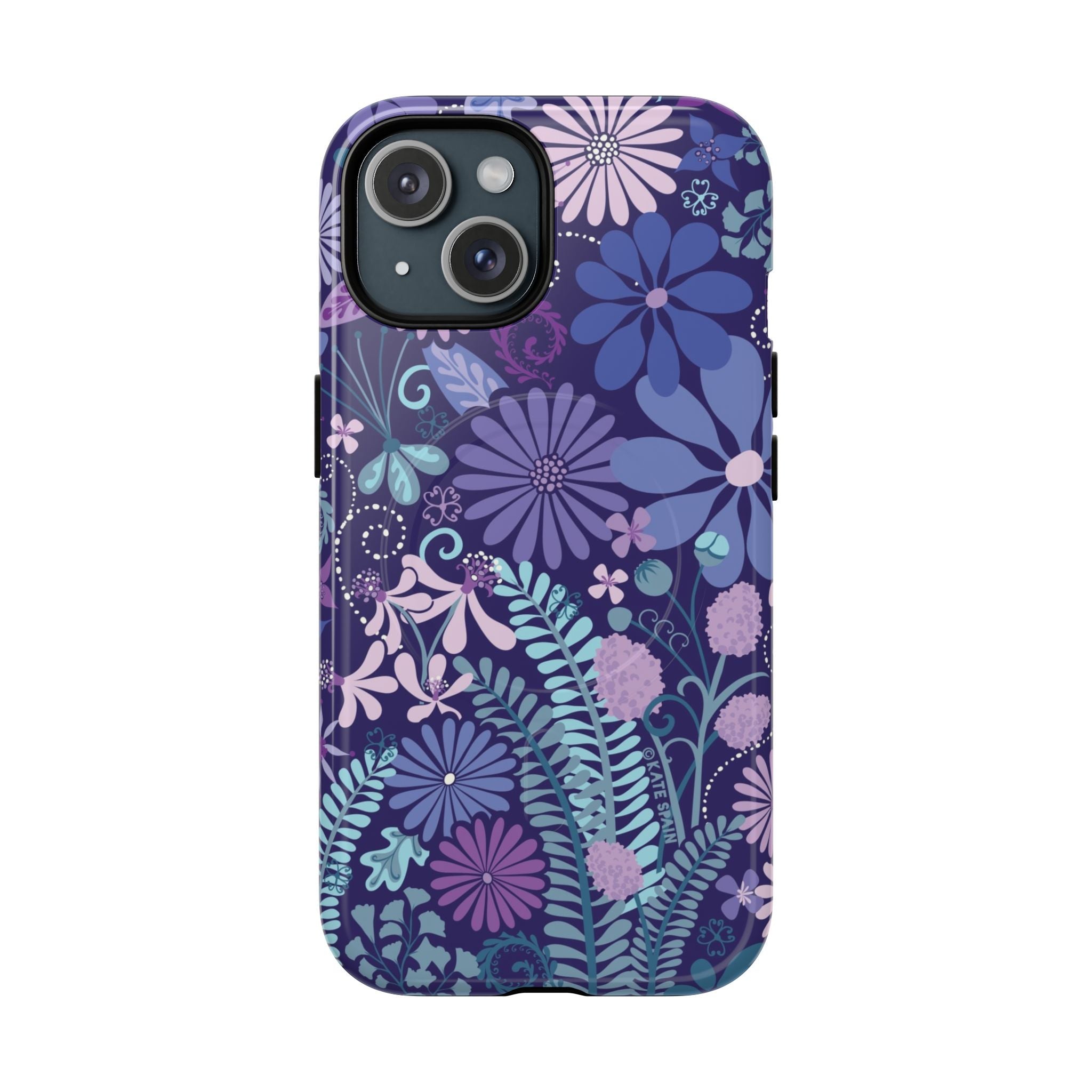 Terrain Night MagSafe iPhone 15 Case – Glossy | navy, purple, aqua botanical woodland floral print