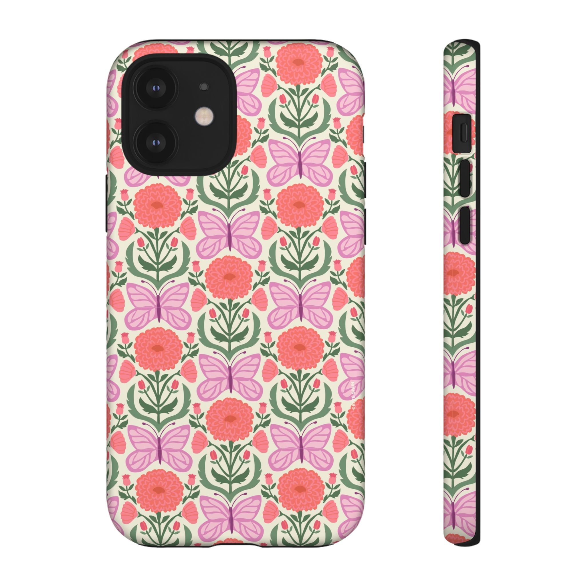 Pink Butterfly Tough iPhone 12 Case – Matte | pink, coral, green, cream butterfly floral print