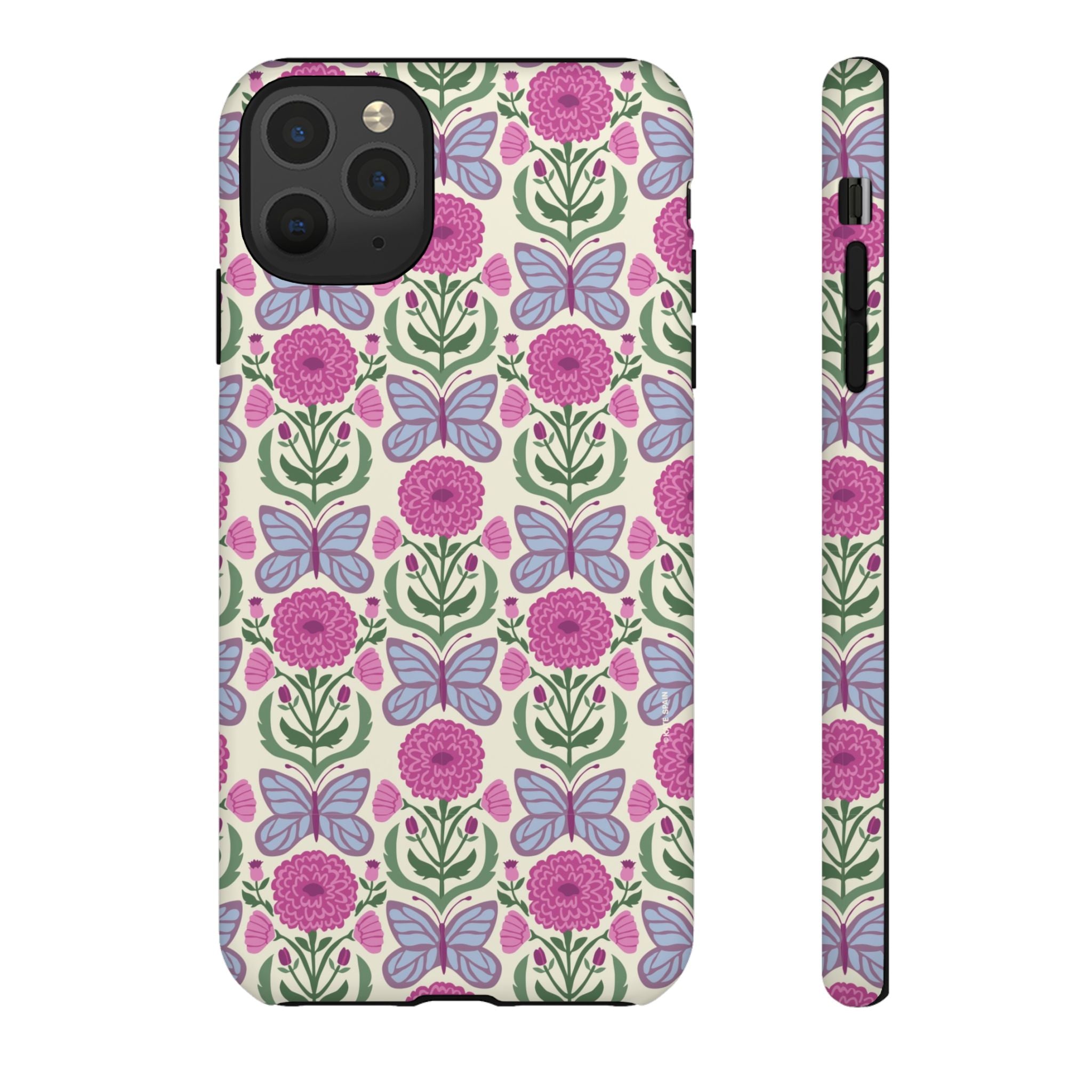 Butterfly Tough iPhone 11 Pro Max Case – Matte | cream, magenta, periwinkle butterfly floral print