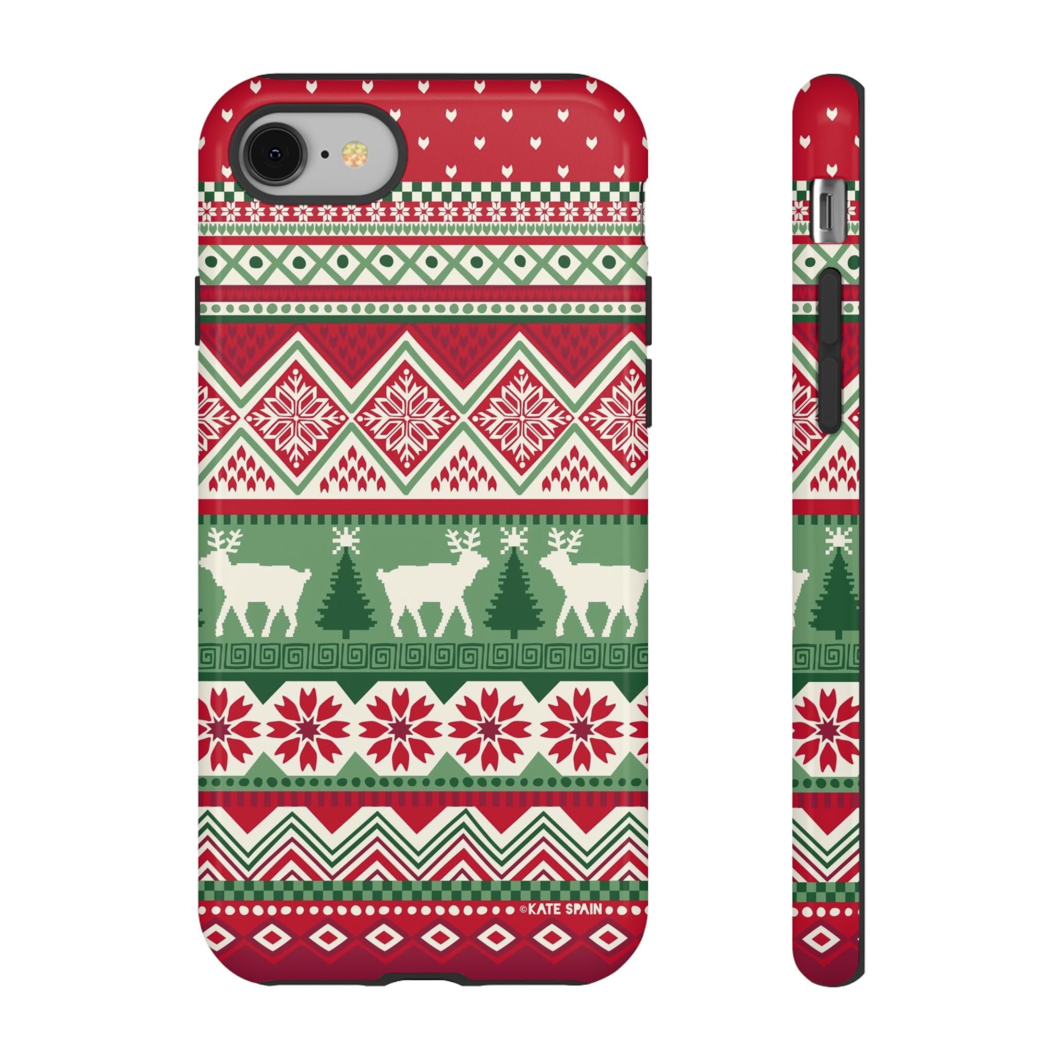 Telemark Tough iPhone 8 Case – Glossy | red, green, cream fair isle reindeer Nordic print