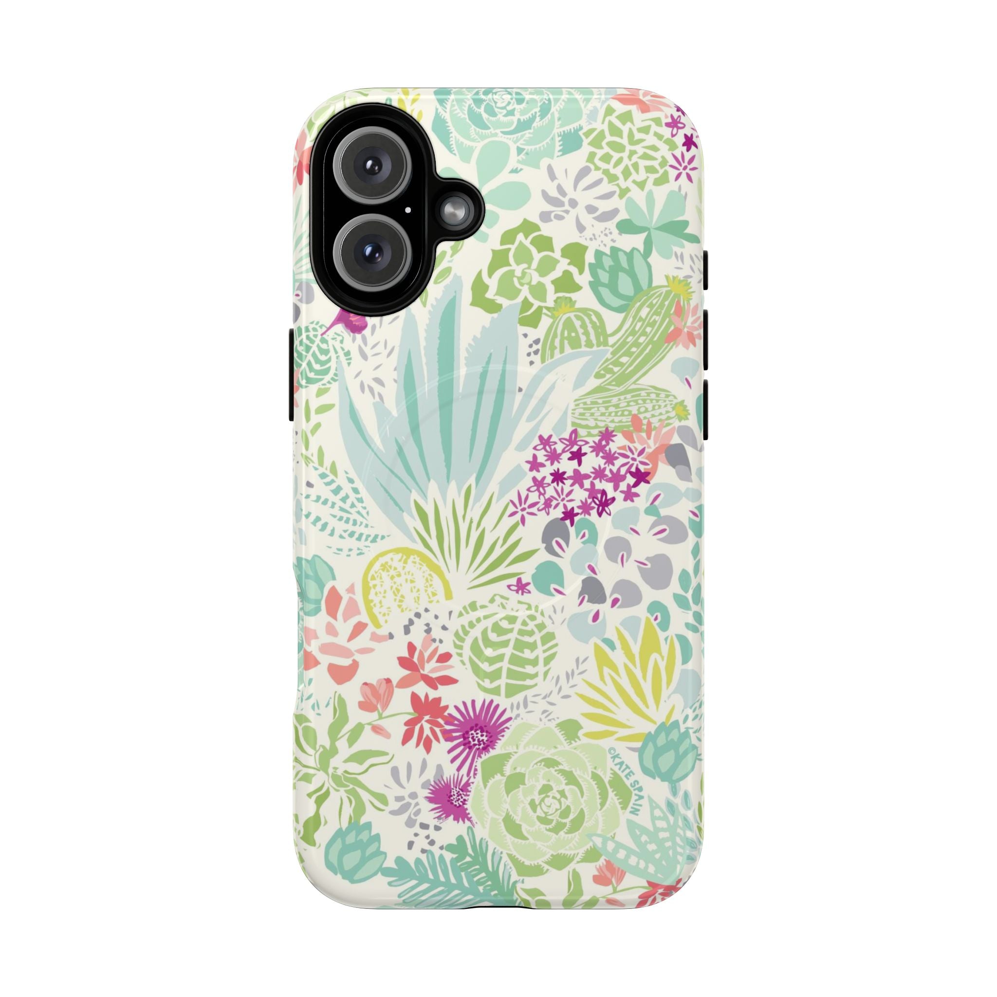 Canyon MagSafe iPhone 16 Plus Case – Glossy | cream, sage, aqua, mauve, fuschia botanical succulent print