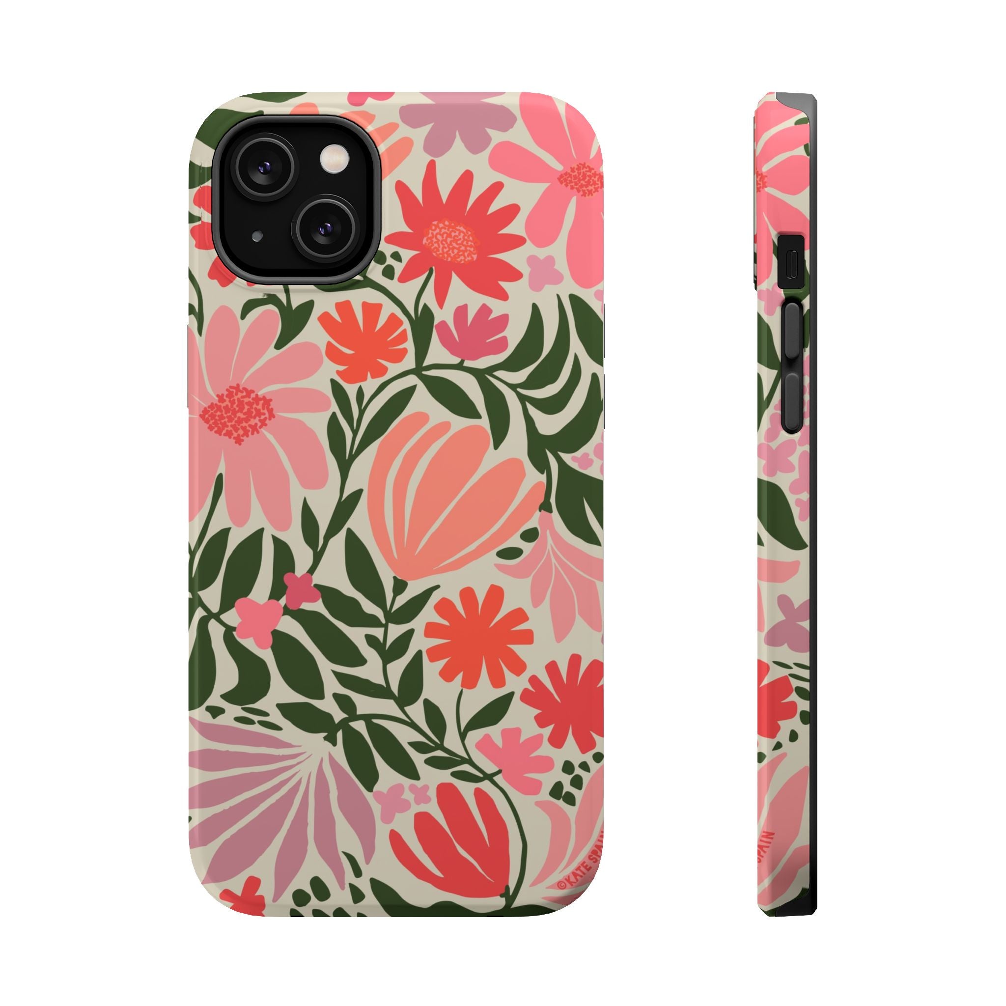 Botanica MagSafe iPhone 14 Plus Case – Glossy | coral, pink, sage green botanical wildflower print